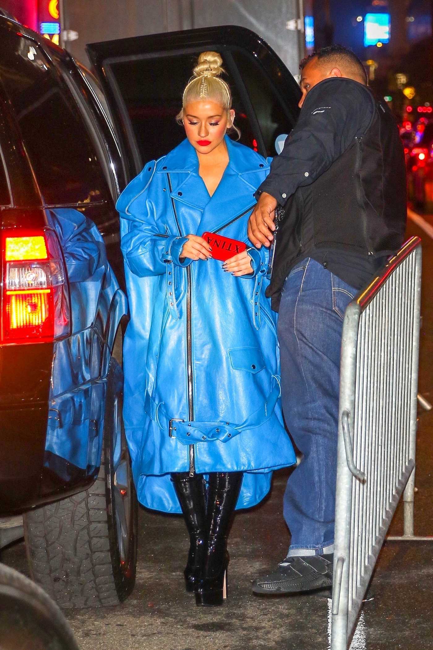 Christina Aguilera in a Blue Coat Arrives at Radio City Music Hall in New York City 10/04/2018