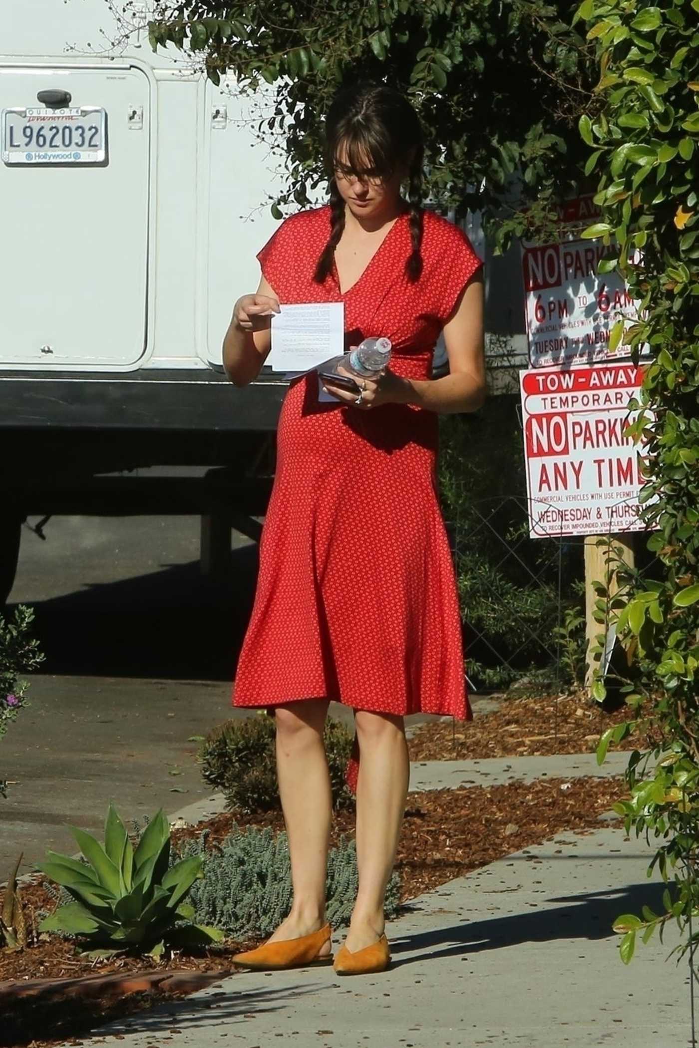 Shailene Woodley in a Red Dress on the Set of Her Untitled Drake Doremus Project in LA 11/26/2018