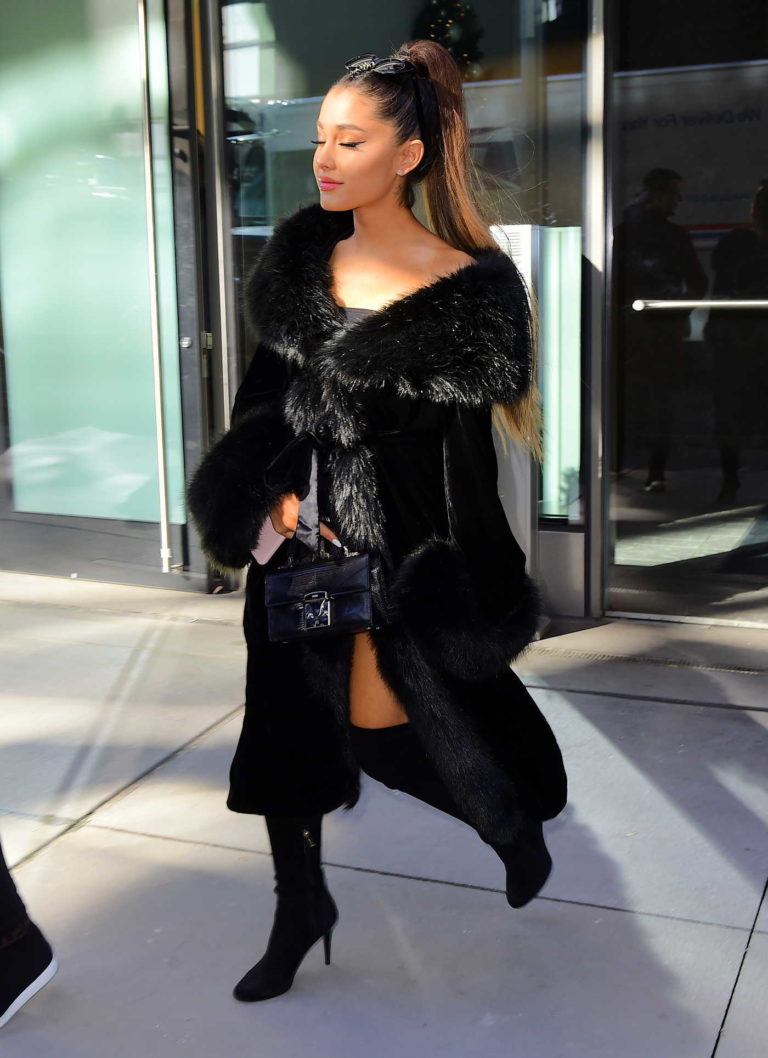 Ariana Grande in a Black Fur Coat