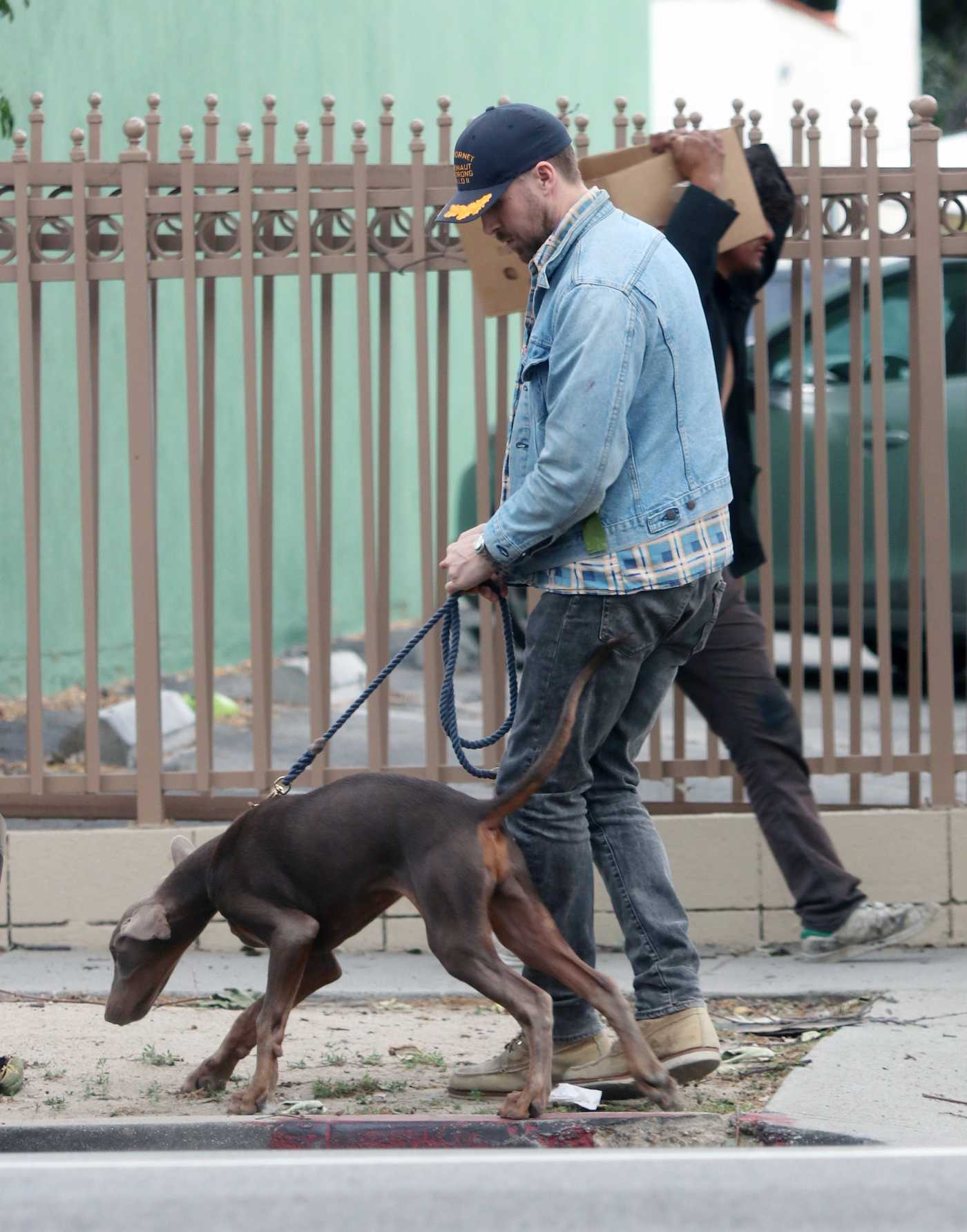 Ryan Gosling in a Blue Denim Jacket Was Seen Out with His Dog in Los Angeles 04/12/2019
