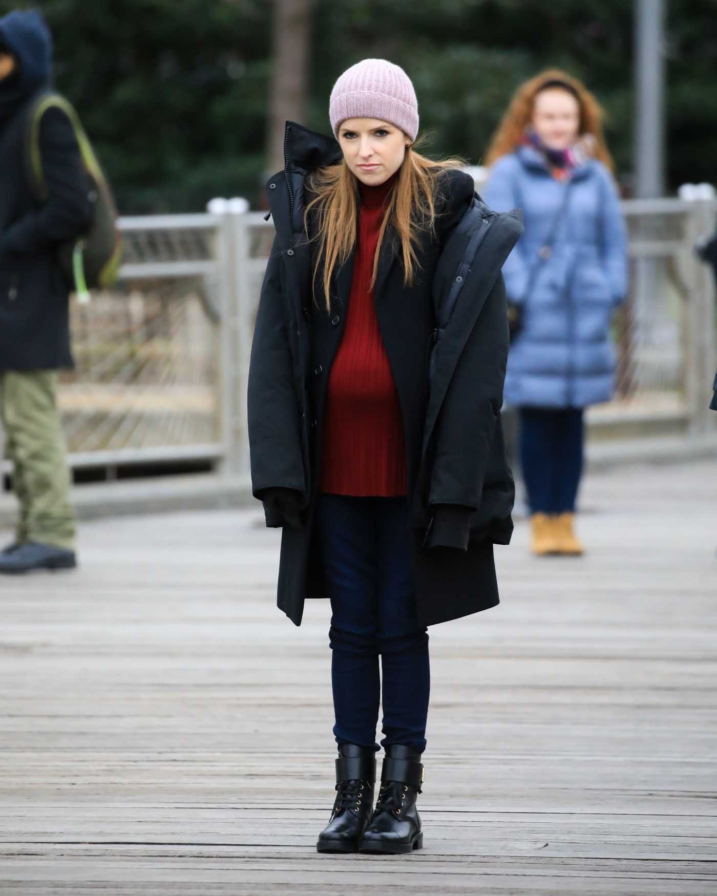 Anna Kendrick in a Purple Knit Hat on the Set of the Love Life in New York 12/16/2019