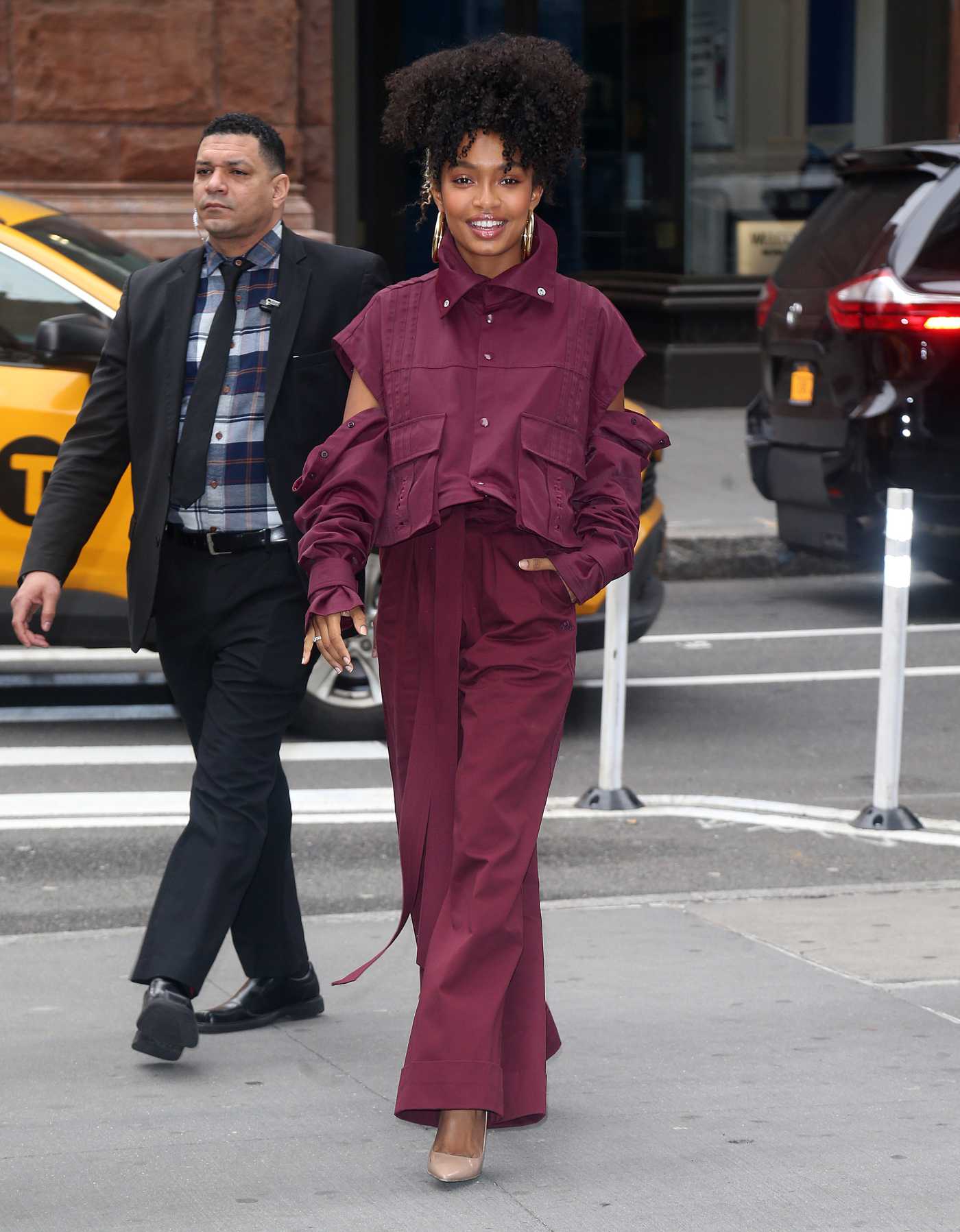 Yara Shahidi in a Purple Suit Leaves AOL Build Series in New York 01/14/2020