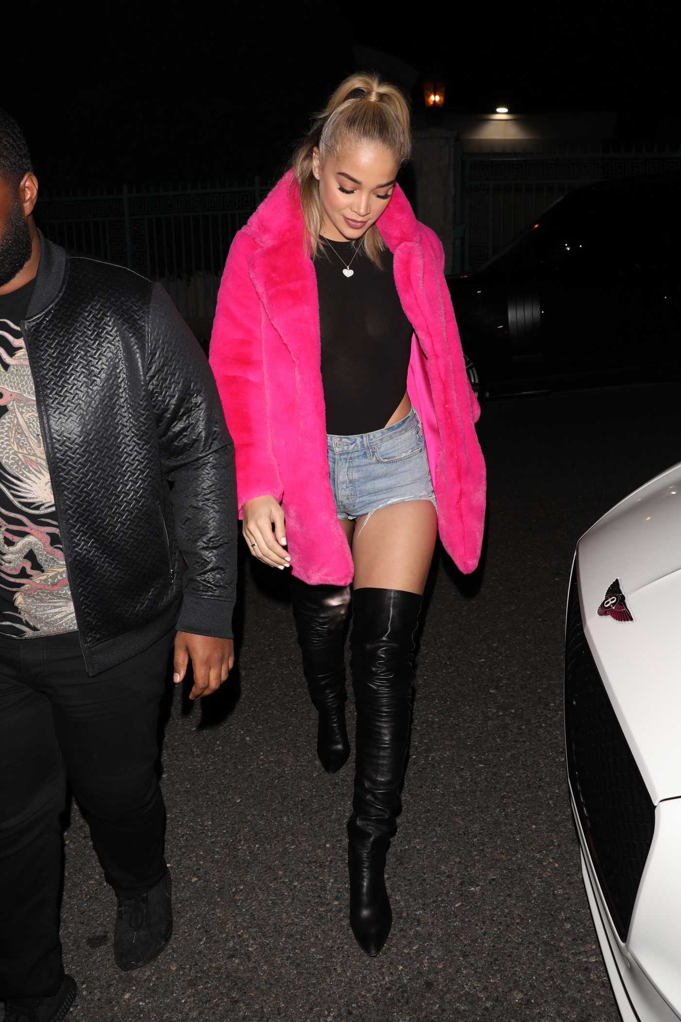 Jasmine Sanders in a Pink Fur Coat Leaves Paris Hilton's 39th Birthday Party in Los Angeles 02/21/2020