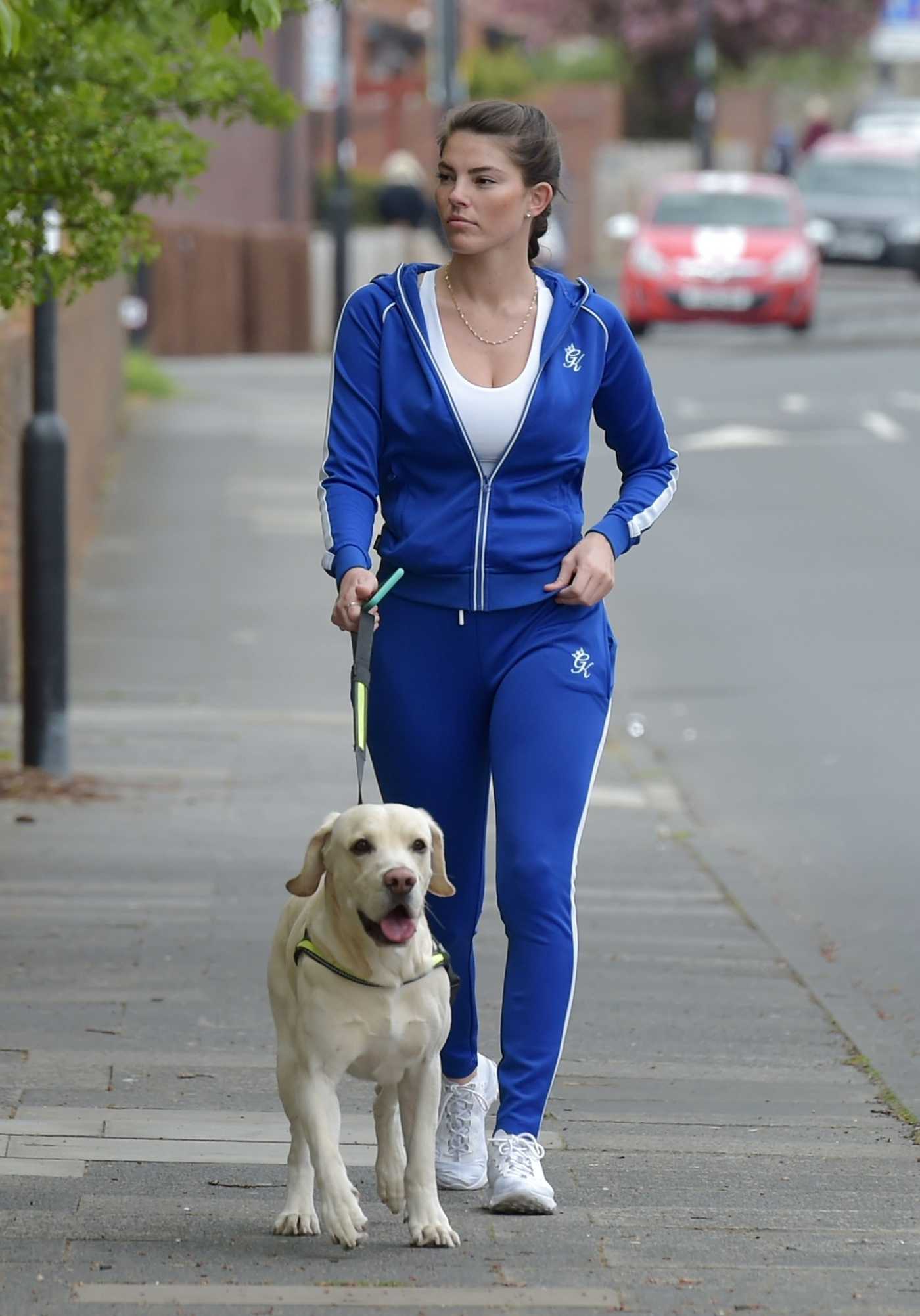 Rebecca Gormley in a Blue Tracksuit Walks Her Dog in Newcastle 05/14/2020
