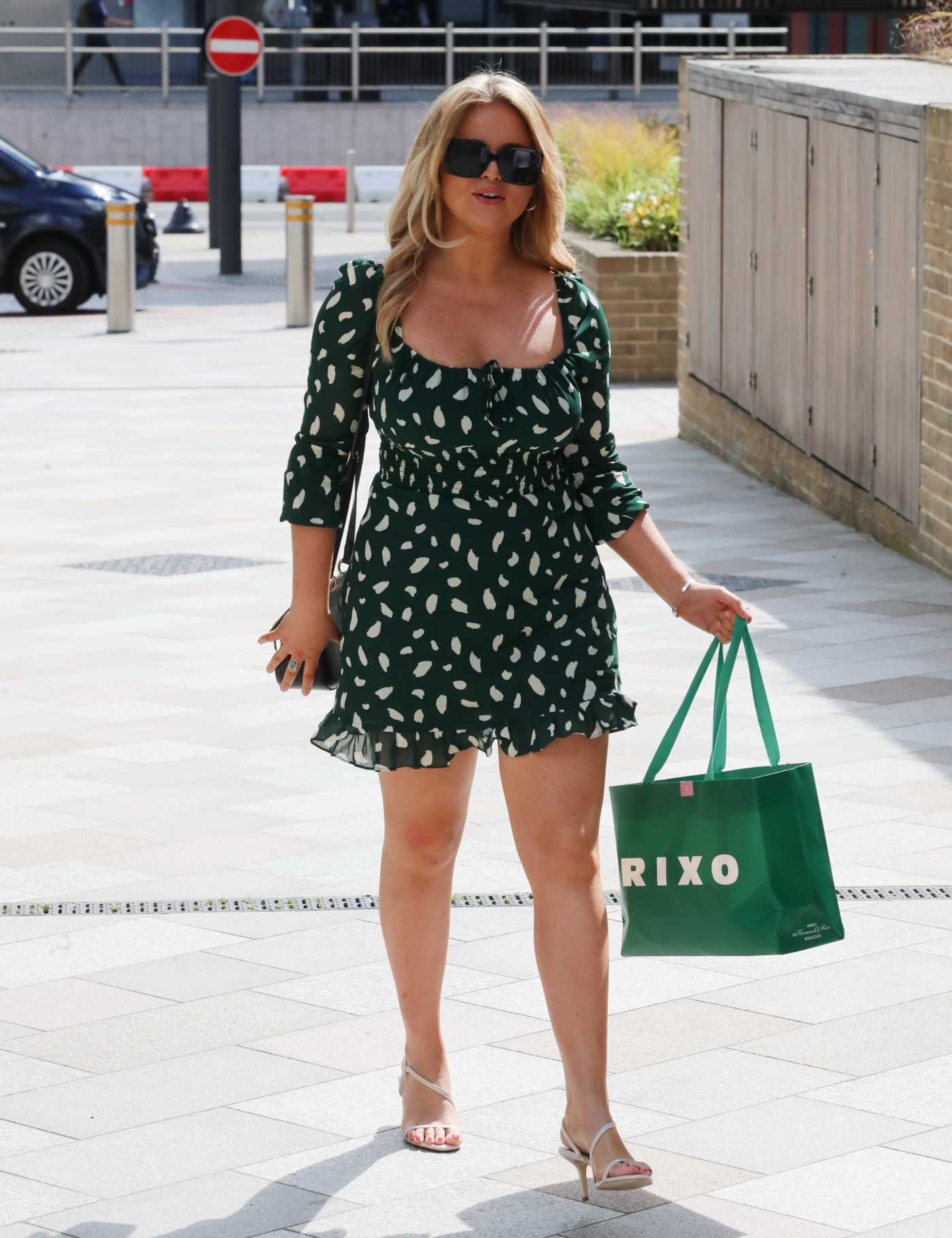 Emily Atack in a Patterned Green Mini Dress Leaves Sunday Brunch TV Show in London 07/12/2020