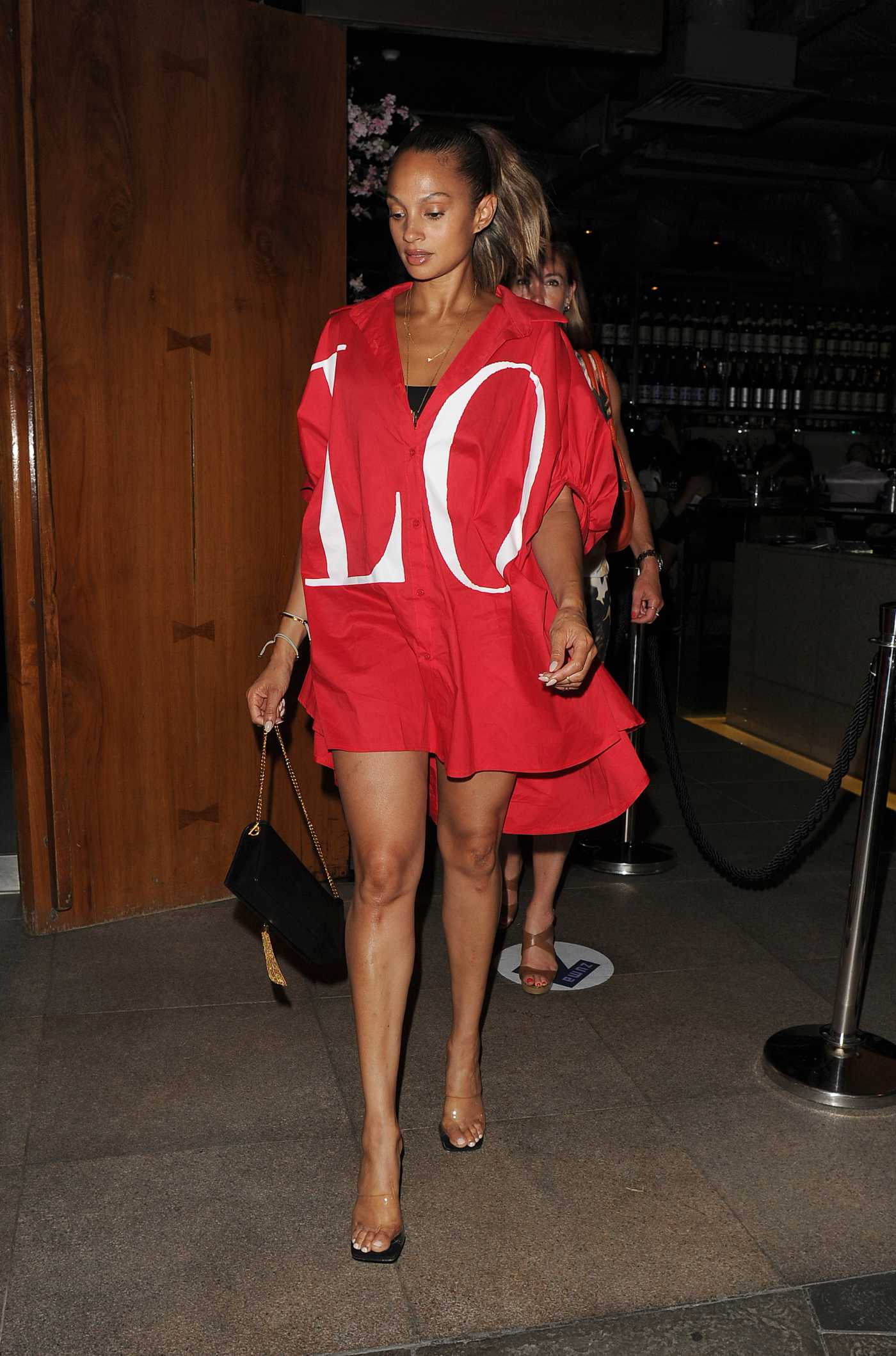 Alesha Dixon in a Red Dress Out with Azuka Ononye Leaves Zuma Restaurant in Knightsbridge 08/09/2020