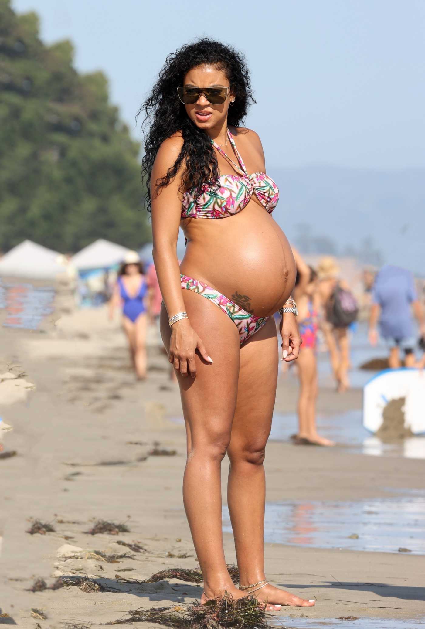 Eniko Parrish in a Floral Bikini Shows off Her Baby Bump on the Beach in Santa Barbara 08/15/2020