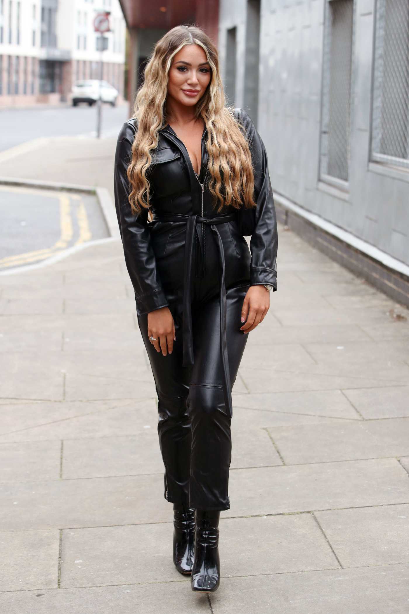 Frankie Sims in a Black Leather Jumpsuit on the Set of The Only Way is Essex TV Show in Essex 09/21/2020