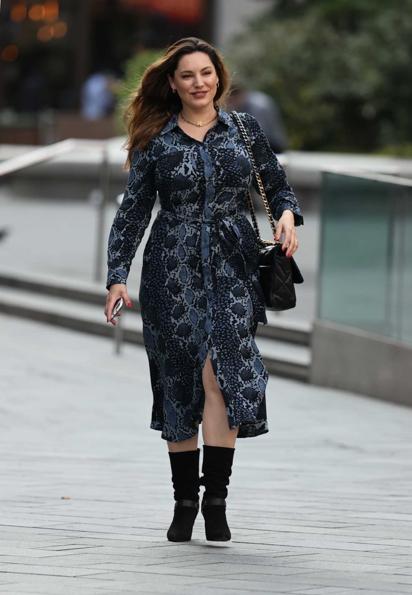 Kelly Brook in a Beige Dress Arrives at Global Radio ...