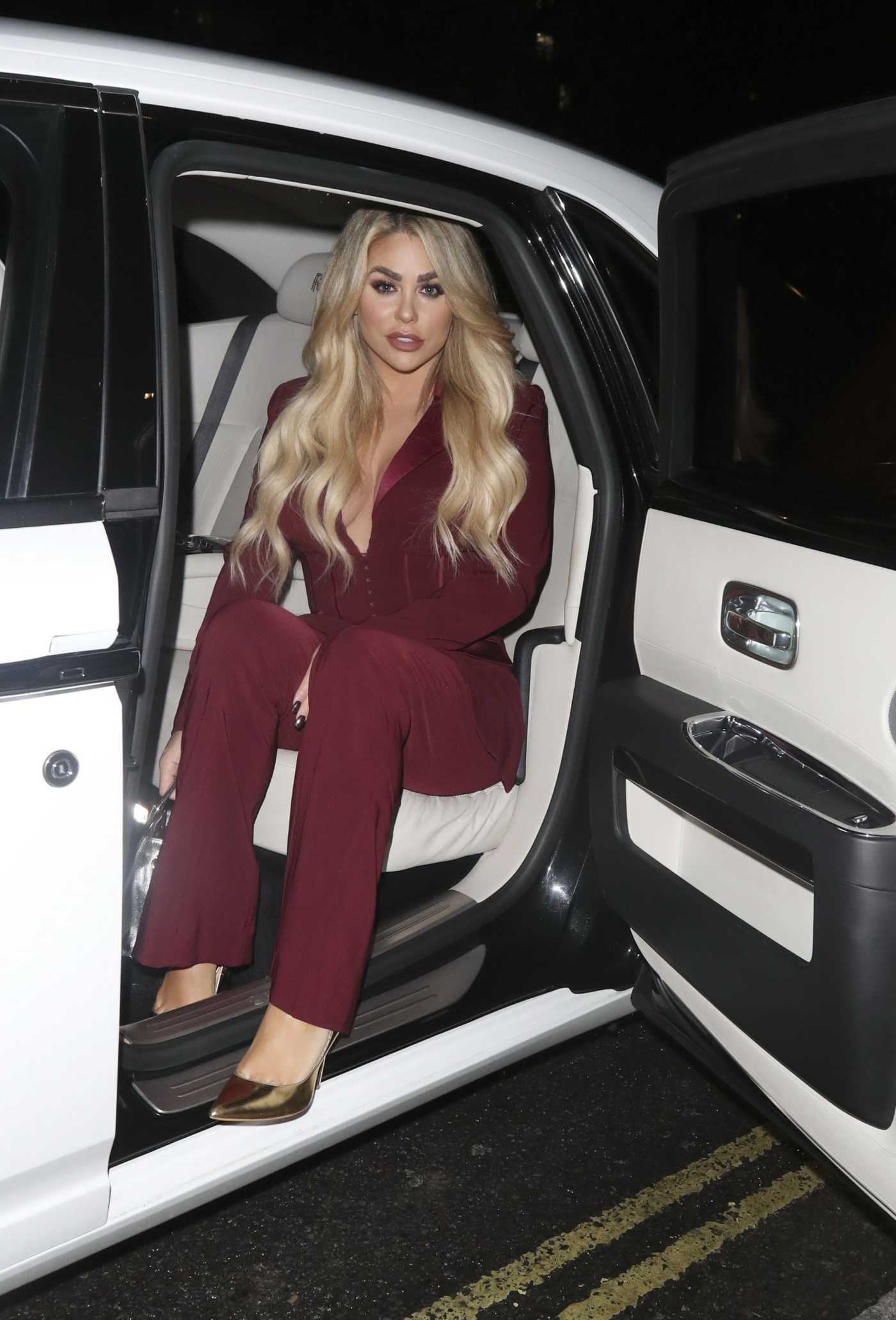 Bianca Gascoigne in a Purple Suit Celebrates Her Birthday at the Exclusive Restaurant in London 10/29/2020