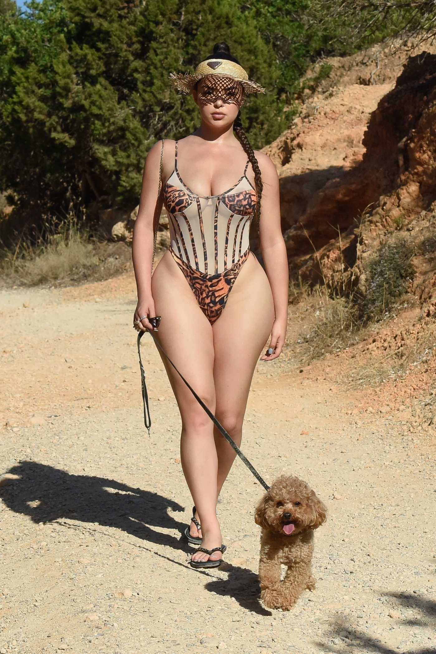 Demi Rose in a Beige Bustier Swimsuit Walks Her Dog in Ibiza 10/04/2020