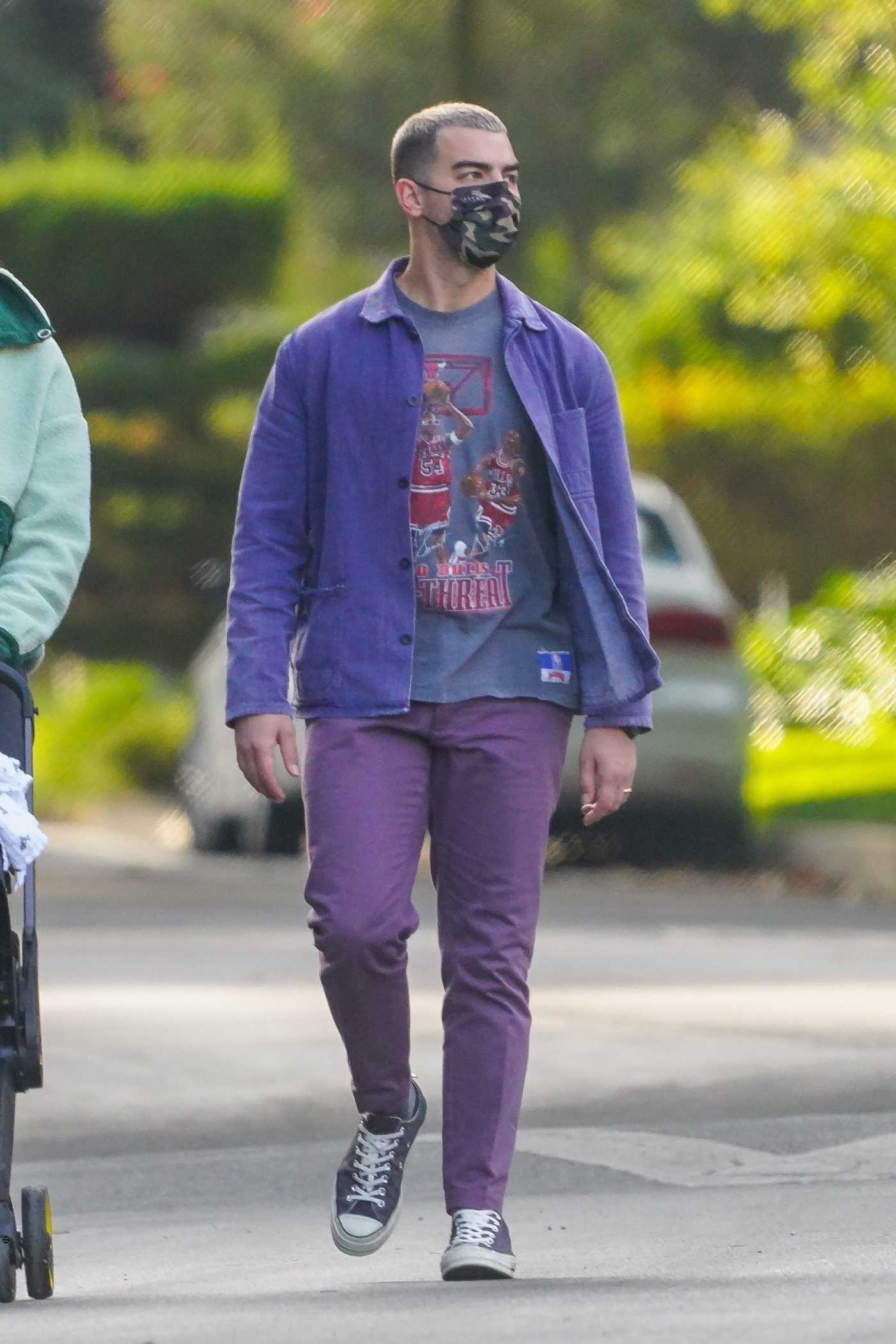 Joe Jonas in a Purple Blazer Takes a Walk with Her New Baby Willa Out with Sophie Turner in Los Angeles 10/27/2020