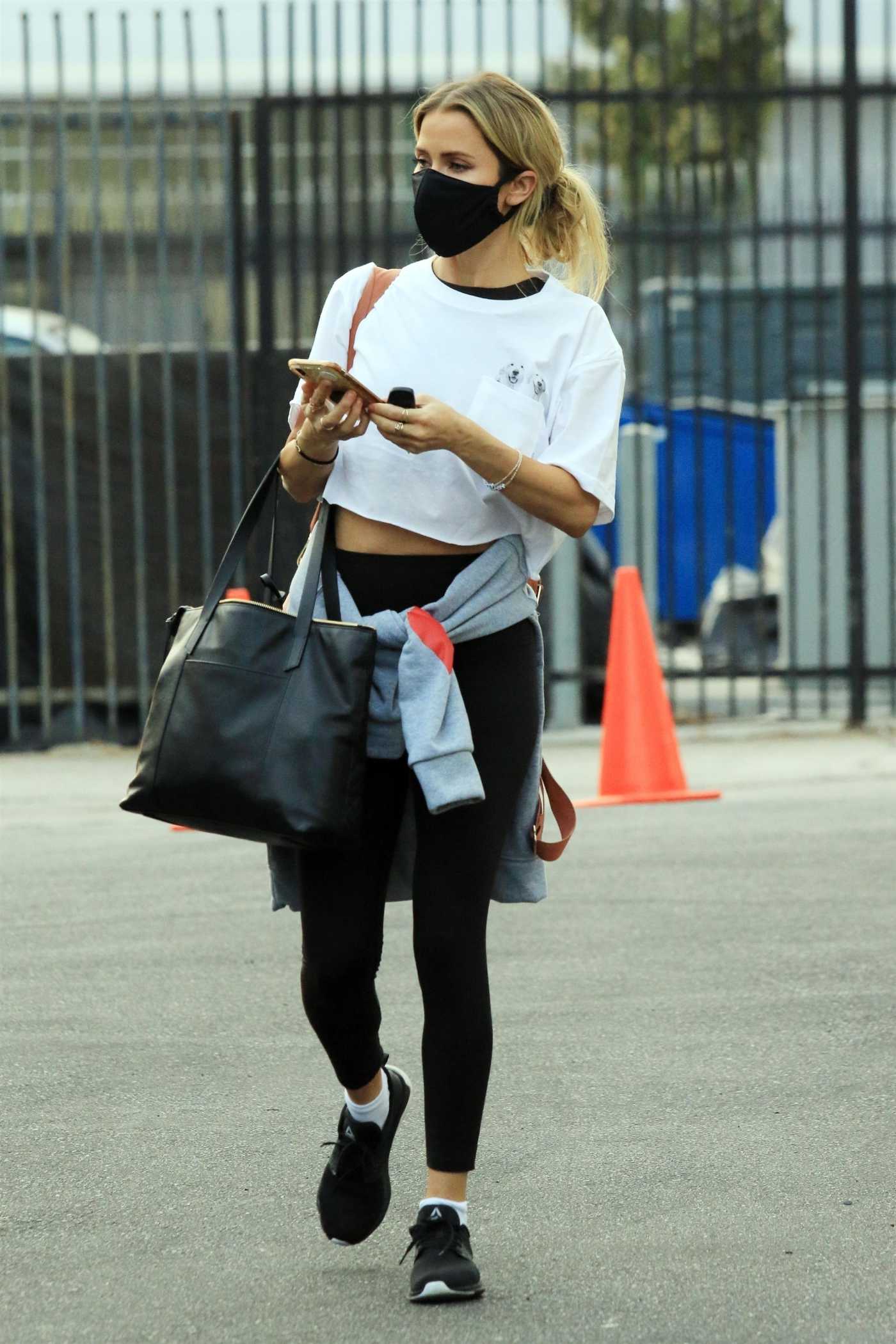 Kaitlyn Bristowe in a White Cropped T-Shirt Arrives at the DWTS Studio in Los Angeles 10/23/2020