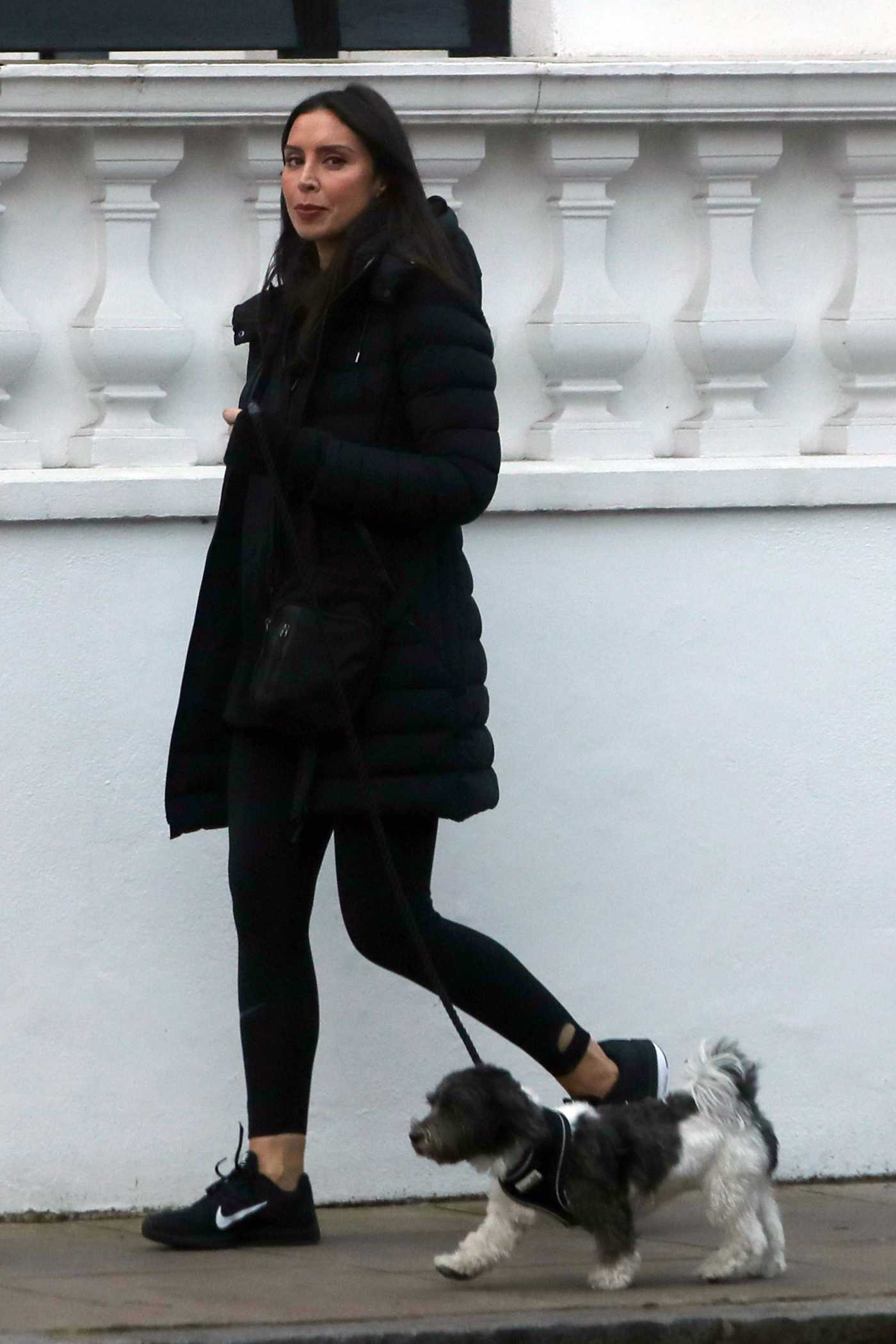 Christine Bleakley in a Black Coat Walks Her Dog in Chelsea, London 11/24/2020