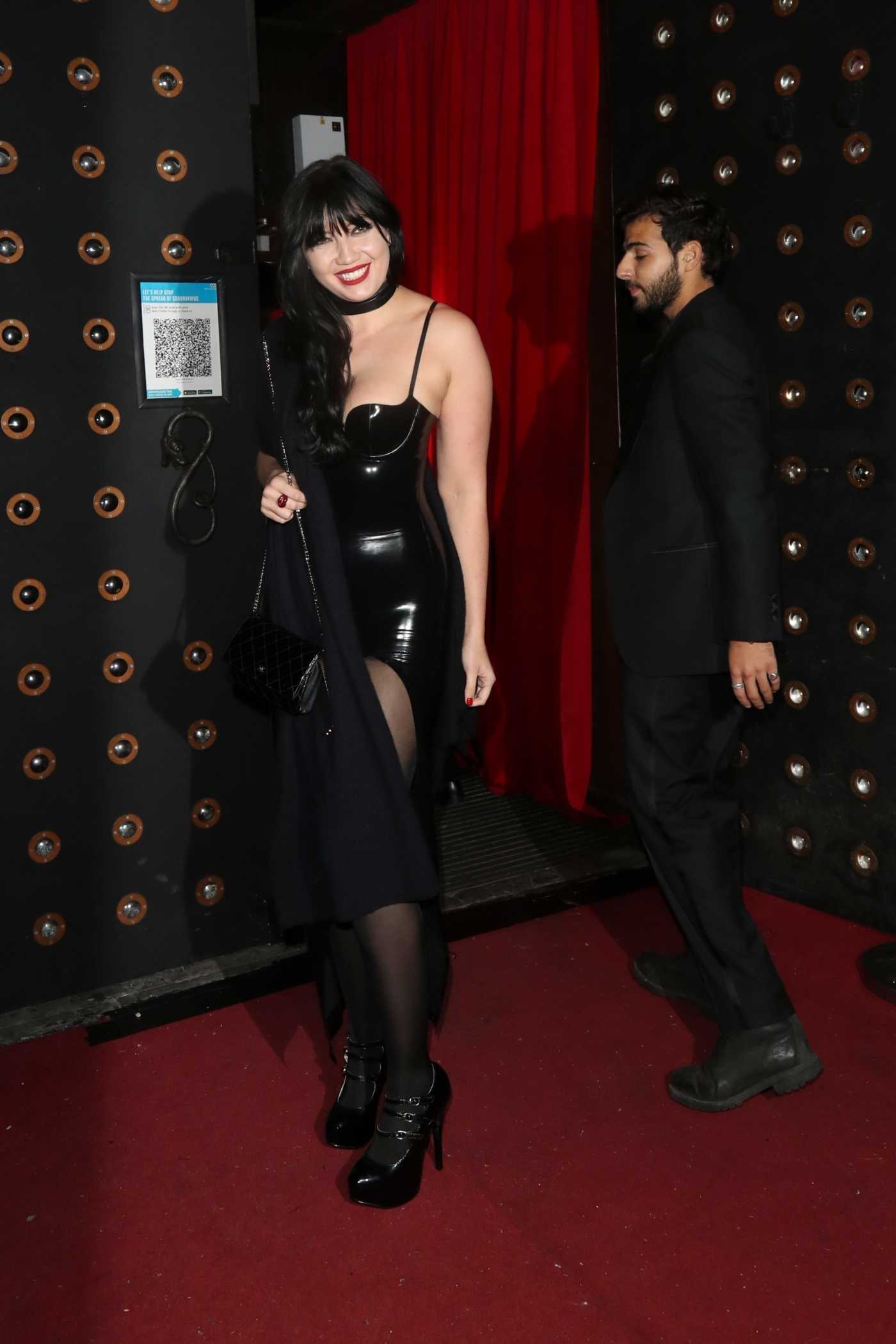 Daisy Lowe in a Black Latex Dress while Arrives for an All Star Cabaret Halloween Night at Proud Embankment in London 10/31/2020