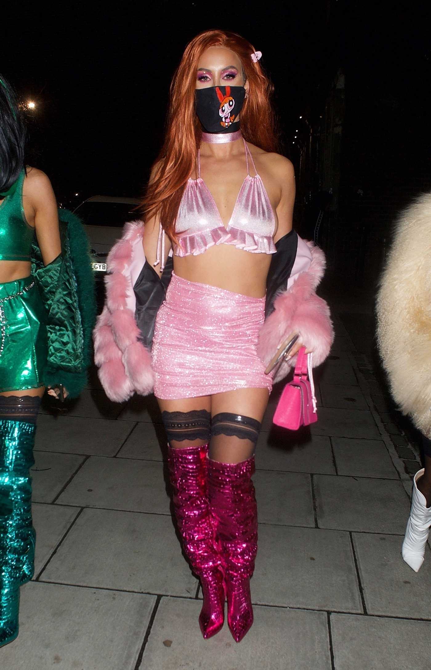 Ferne McCann in a Pink Mini Skirrt Arrives at a Halloween Party in London 10/31/2020