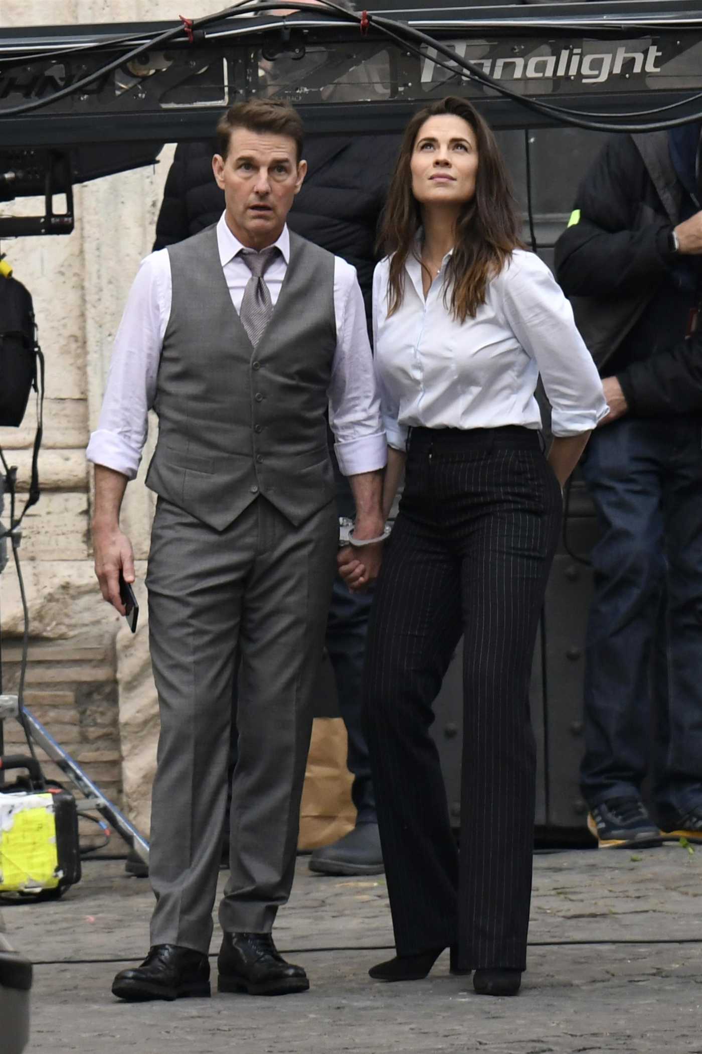 Hayley Atwell in a Black Striped Pants on the Set of Mission Impossible 7 Out with Tom Cruise in Rome 11/24/2020