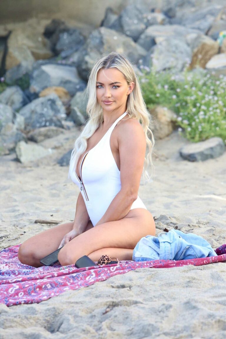 Lindsey Pelas in a White Swimsuit