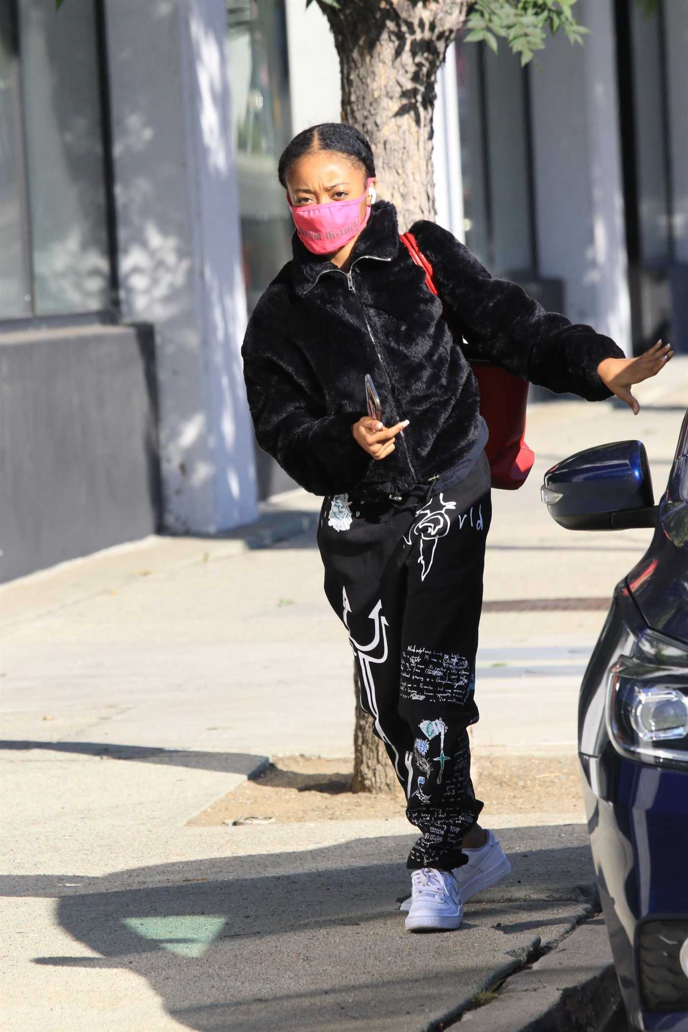 Skai Jackson in a Pink Protective Mask Arrives for Dance Practice at the DWTS Studio in Los Angeles 11/13/2020