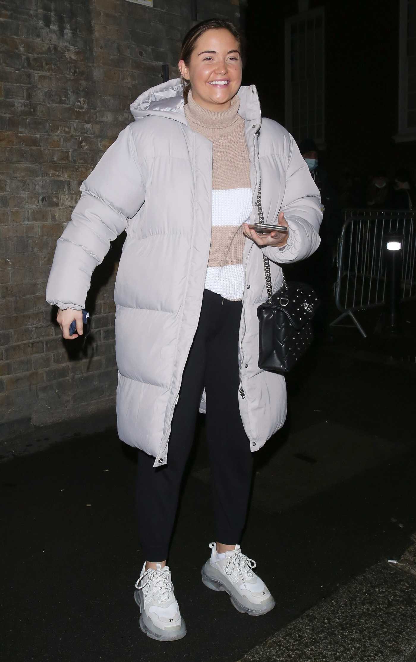 Jacqueline Jossa in a Grey Puffer Coat Leaves The Dominion Theatre in London 12/07/2020