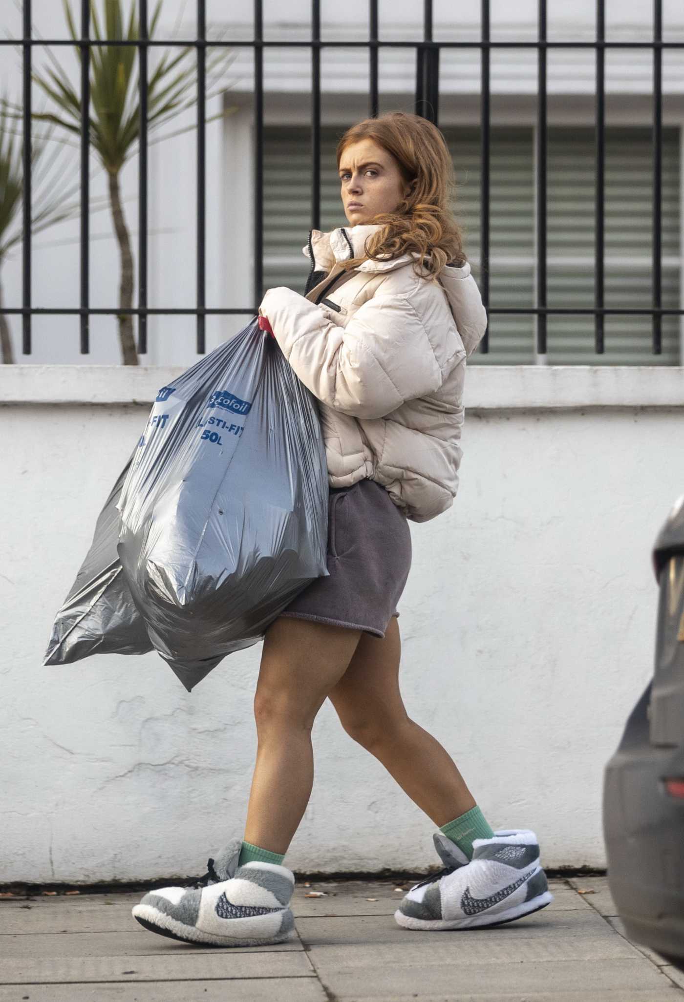 Maisie Smith in a Purple Shorts Taking the Rubbish Out in London 12/20/2020