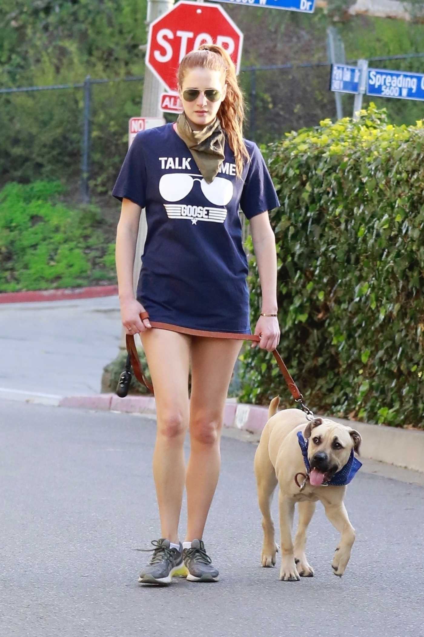 Anna Osceola in a Blue Tee Walks Her Dog in Los Angeles 01/09/2021