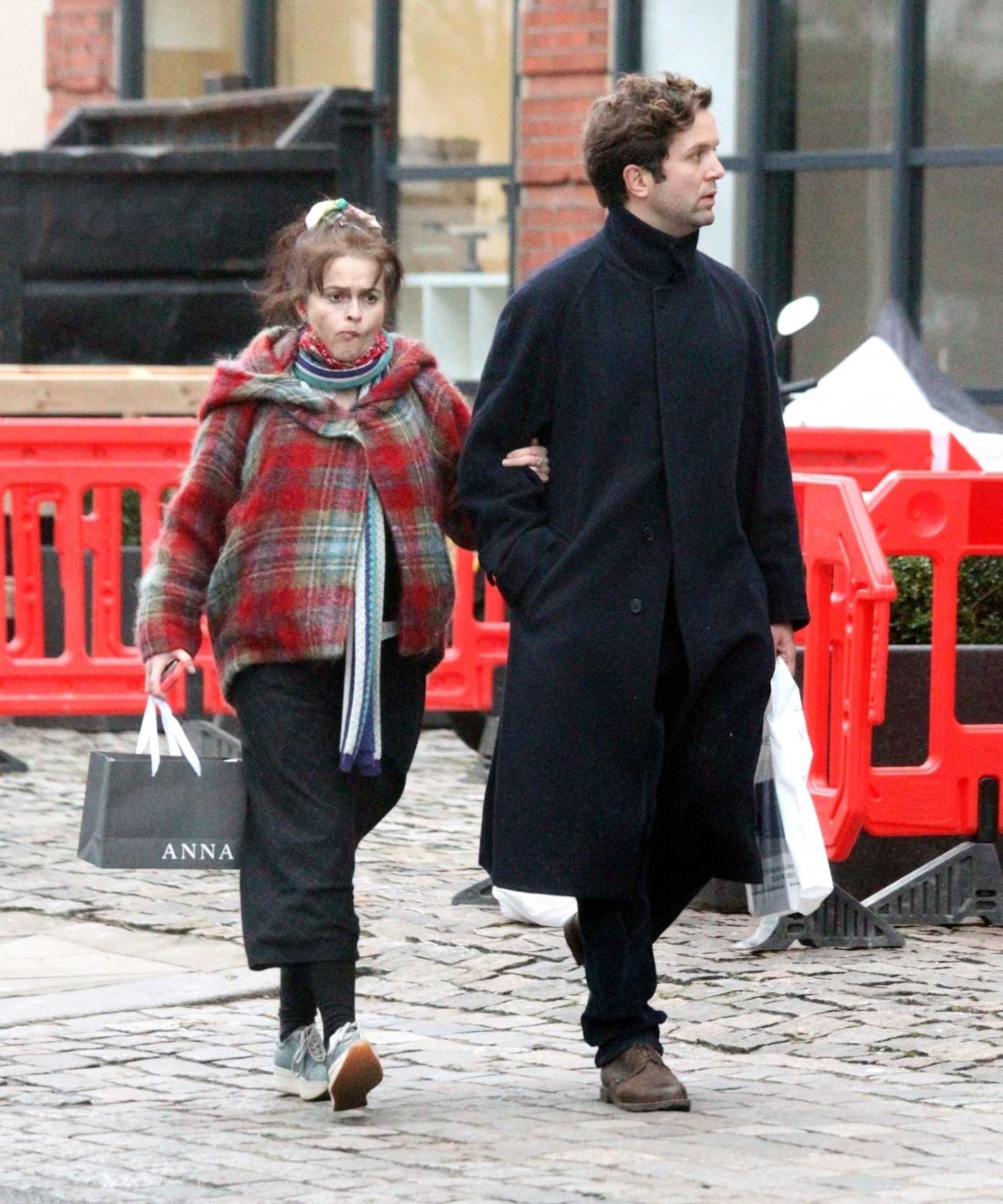 Helena Bonham Carter in a Plaid Jacket Was Seen Out with Rye Dag Holmboe in London 01/18/2021