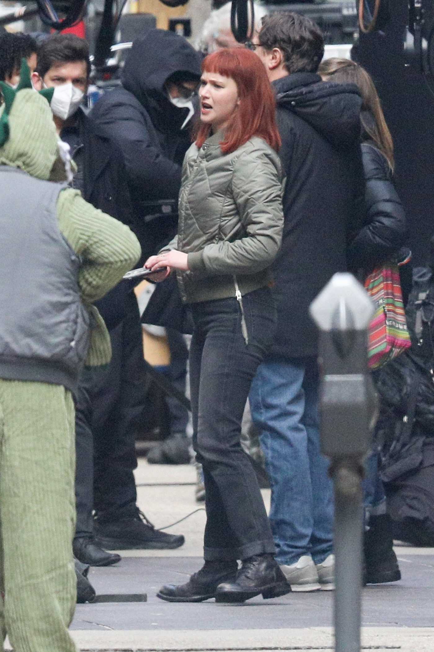 Jennifer Lawrence in an Olive Jacket on the Set of Don't Look Up in Downtown Boston 01/04/2021
