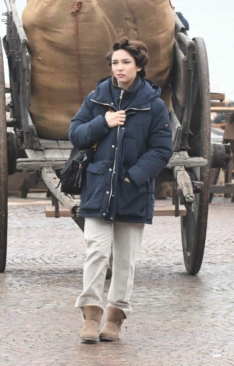 Matilda De Angelis in a Blue Puffer Jacket