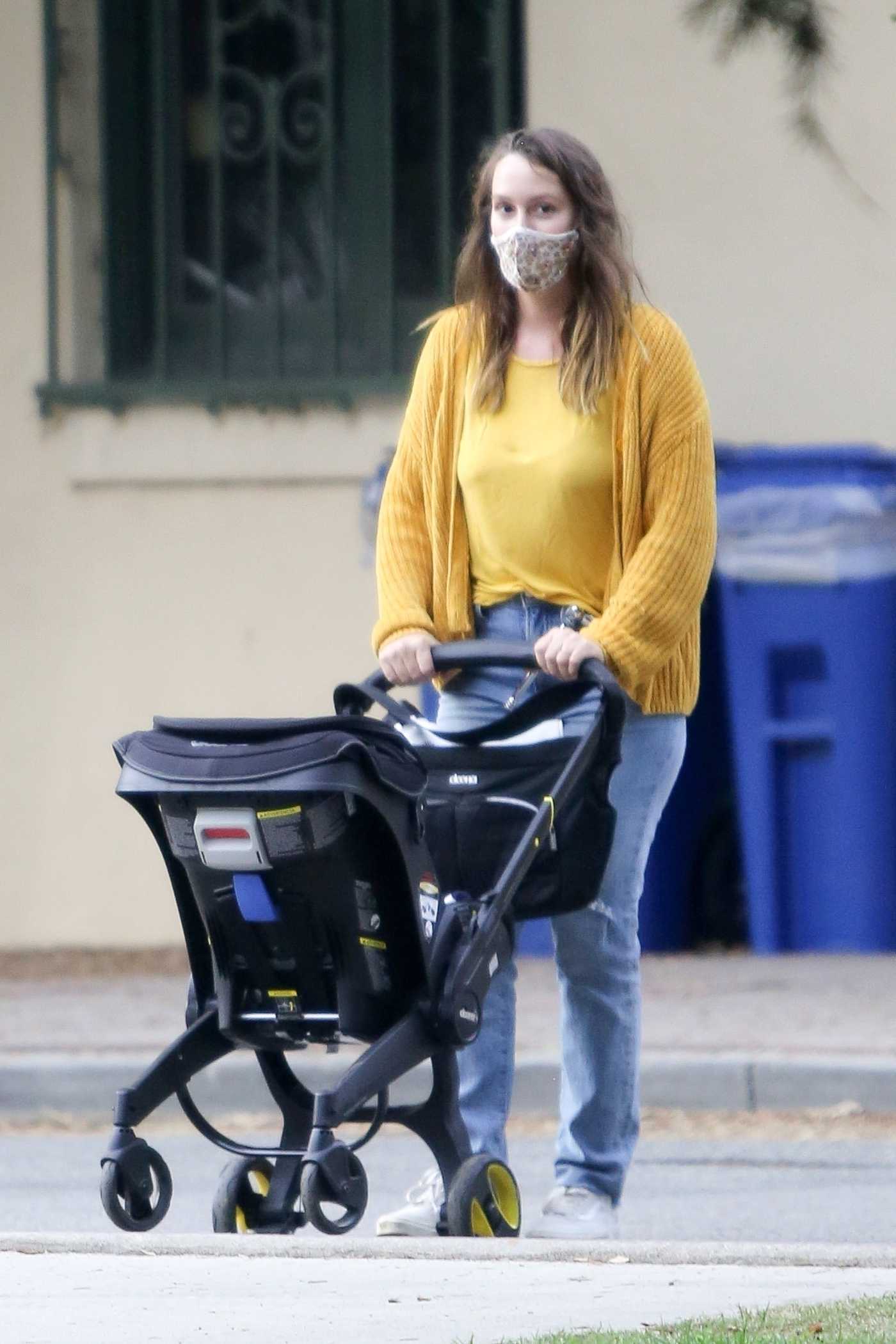 Leighton Meester in a Yellow Tee Spends a Family Day at the Park in Los Angeles 02/03/2021