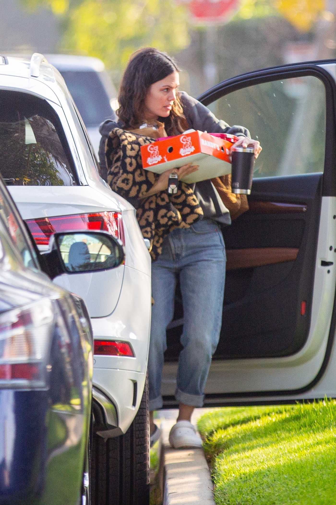 Rachel Bilson Arrives at a Super Bowl Party with a Box from Randy's Donuts in Los Angeles 02/07/2021