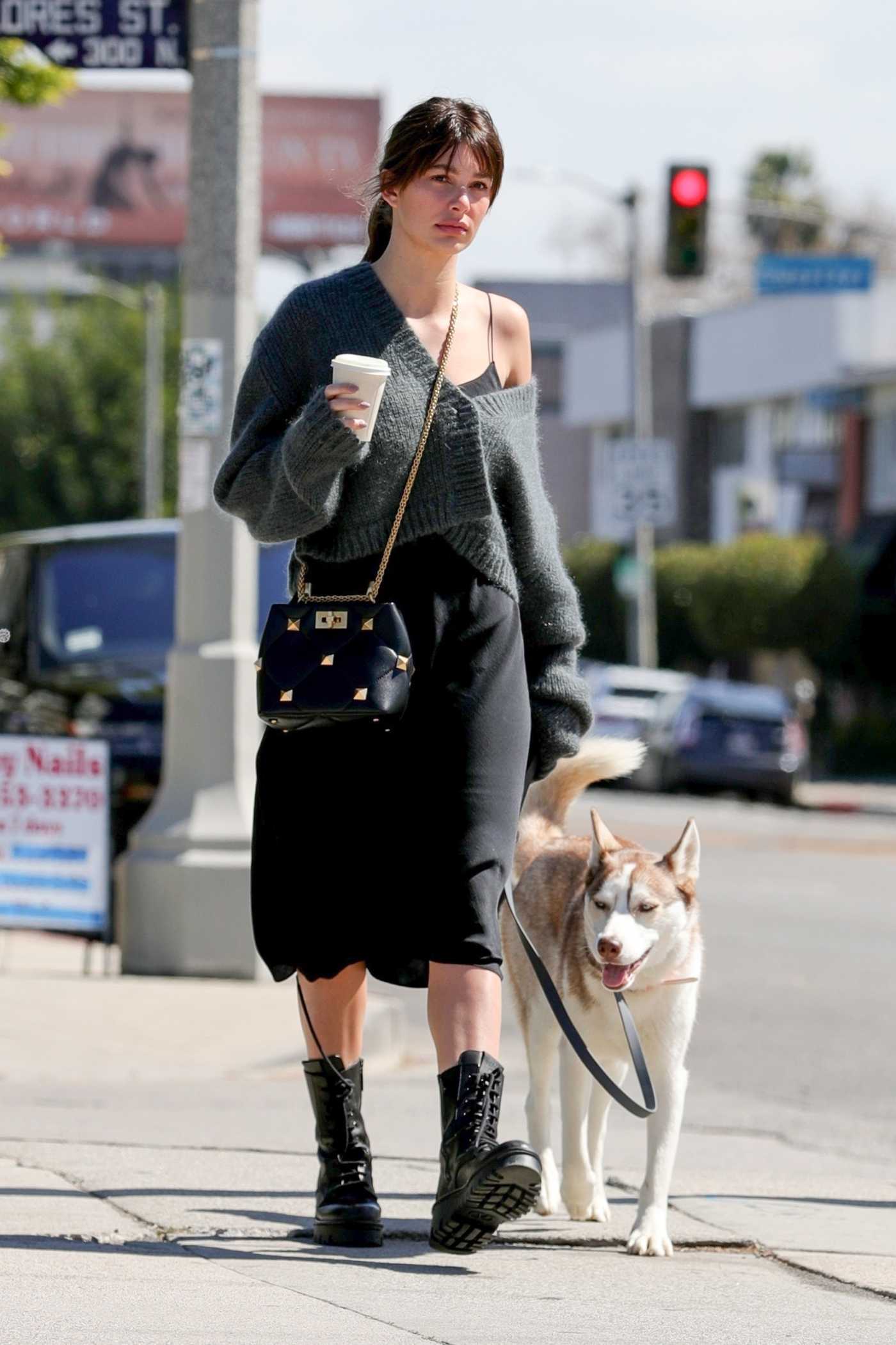 Camila Morrone in a Grey Cardigan Walks Her Husky, Jack in West Hollywood 03/09/2021
