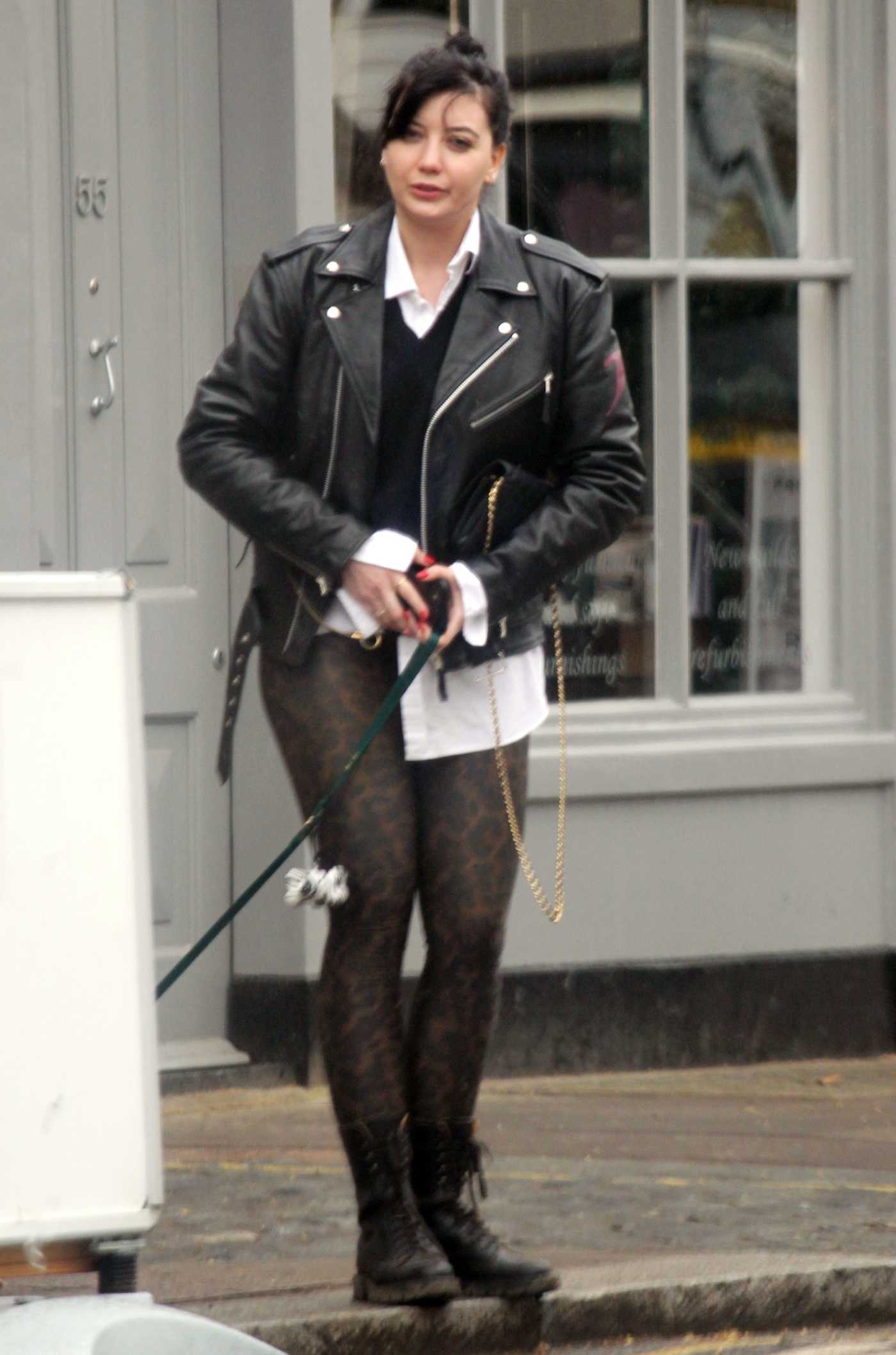 Daisy Lowe in a Black Leather Jacket Walks Her Dog in Primrose Hill 03/25/2021