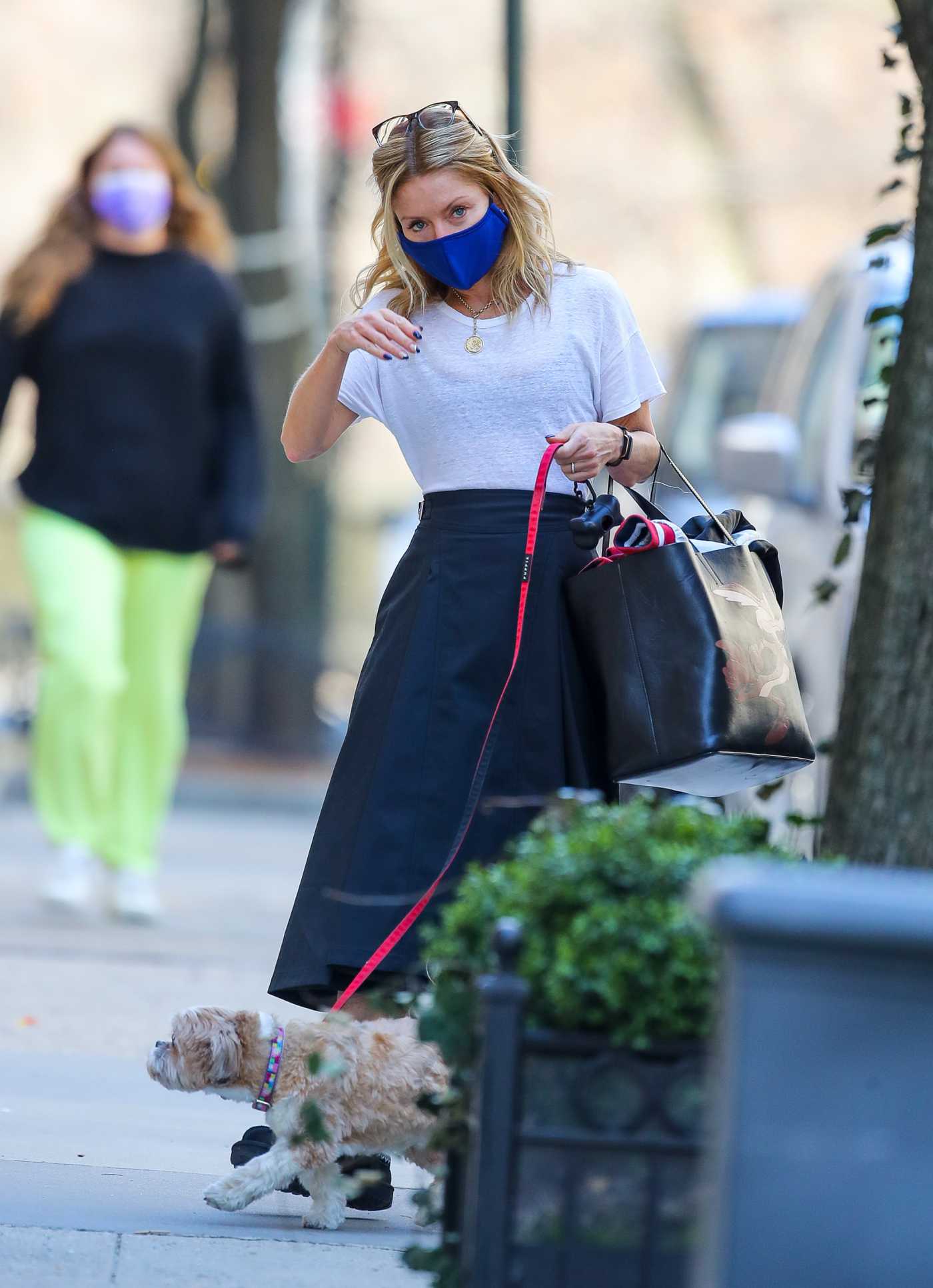 Kelly Ripa in a Blue Protective Mask Walks Her Dog Out in New York 03/14/2021