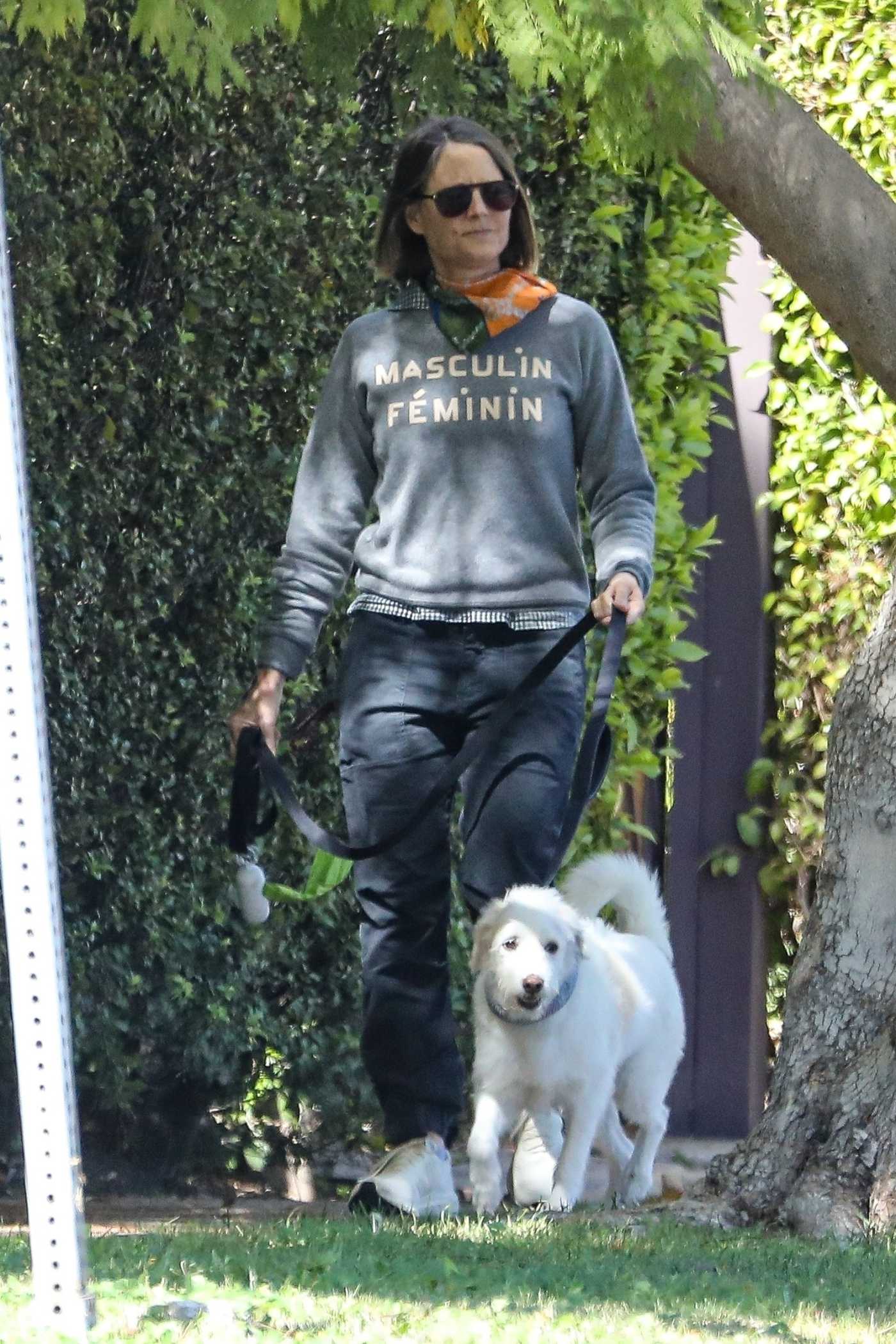 Jodie Foster in a Grey Sweatshirt Walks Her Dog Ziggy in Brentwood 03/09/2021