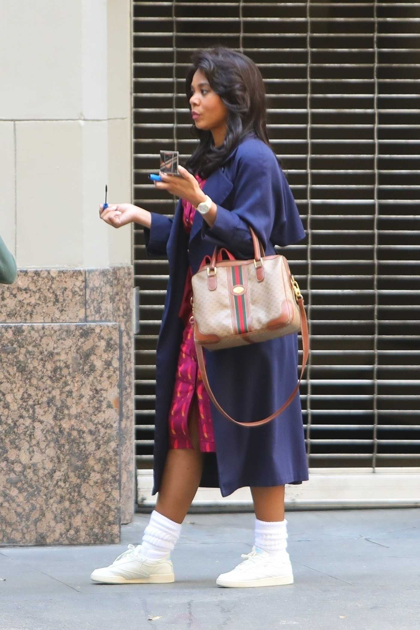 Regina Hall in a White Sneakers Films a Scene for TV Series Black Monday in Downtown Los Angeles 03/24/2021