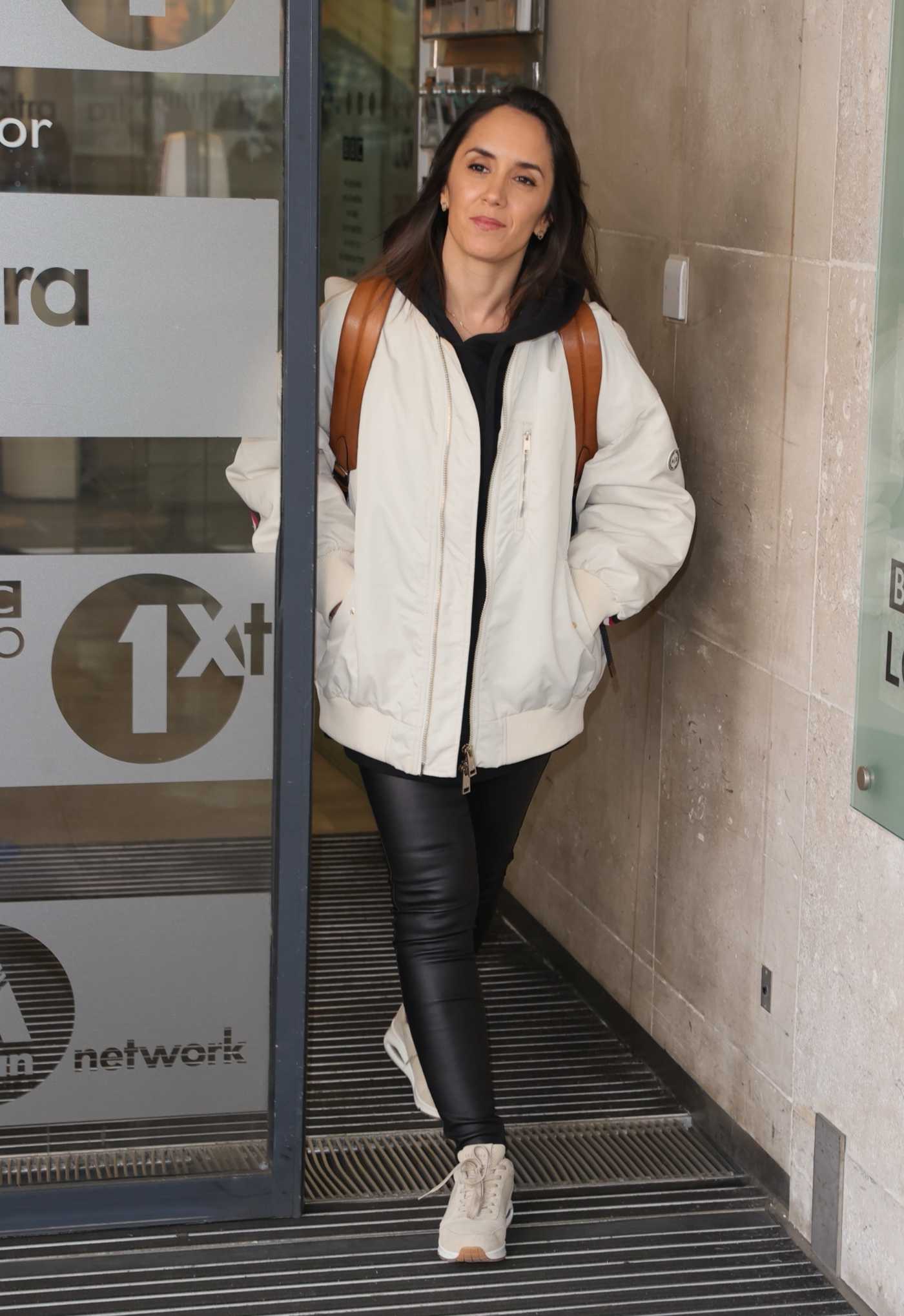 Janette Manrara in a White Jacket Arrives on Morning Live in London 04/14/2021