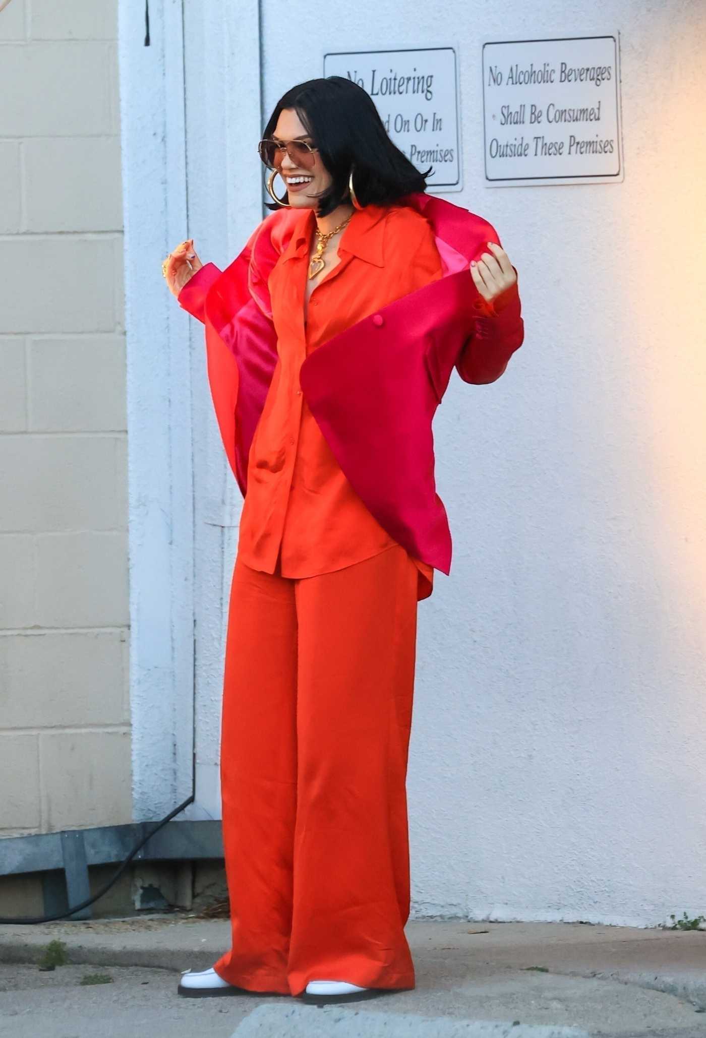 Jessie J in a Red Pantsuit while Shooting a Video in Los Angeles 05/22/2021