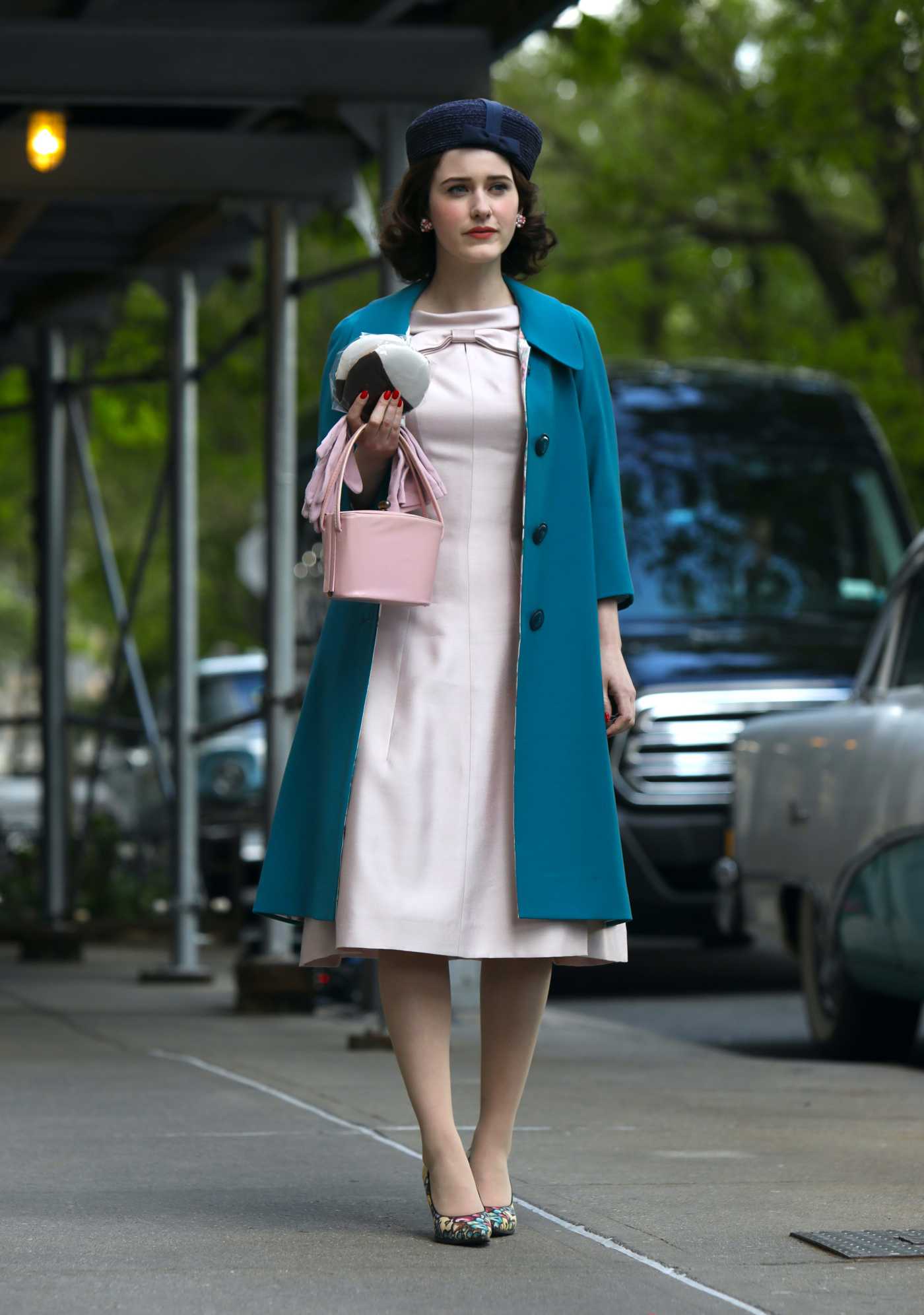 Rachel Brosnahan in a Blue Coat on the Set of The Marvelous Mrs. Maisel in New York 05/17/2021
