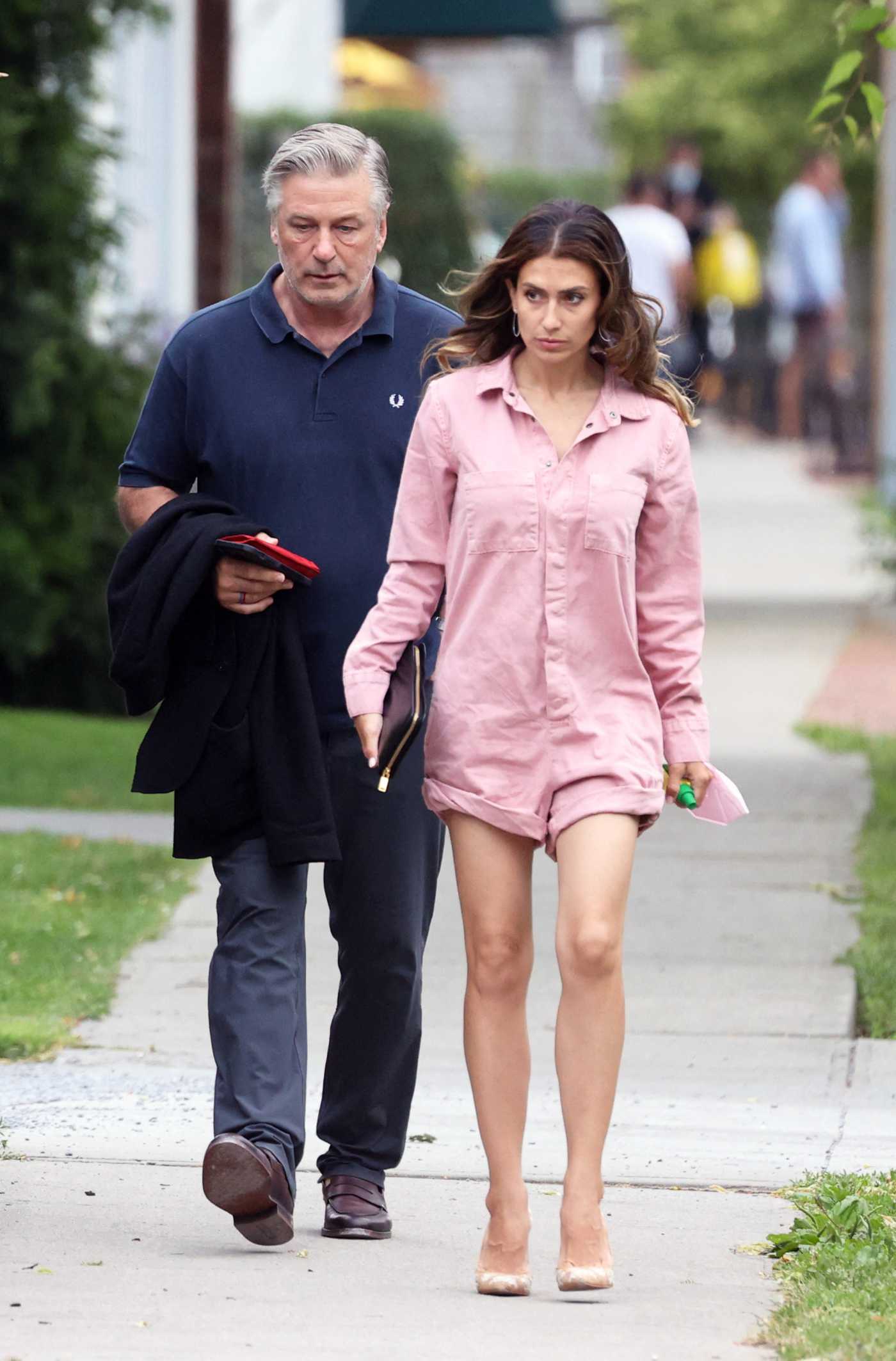 Hilaria Baldwin in a Pink Shorts Jumpsuit Was Seen Out with Alec Baldwin in South Hamptons in New York 06/18/2021