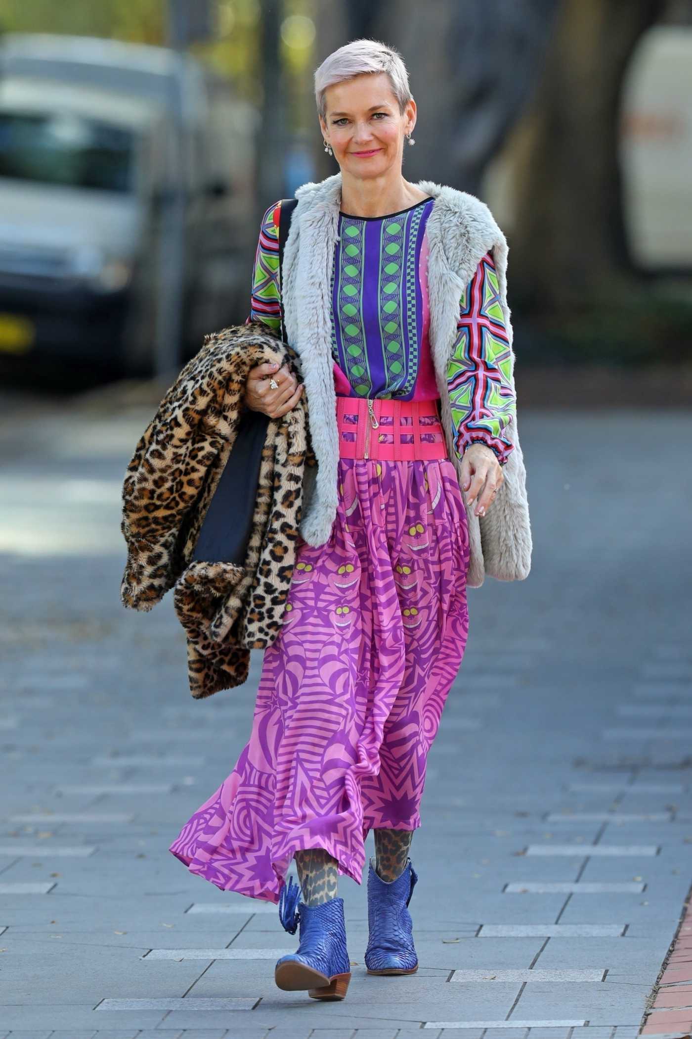 Jessica Rowe in a Colourful Dress Leaves a Nail Salon in Double Bay, Sydney 06/20/2021