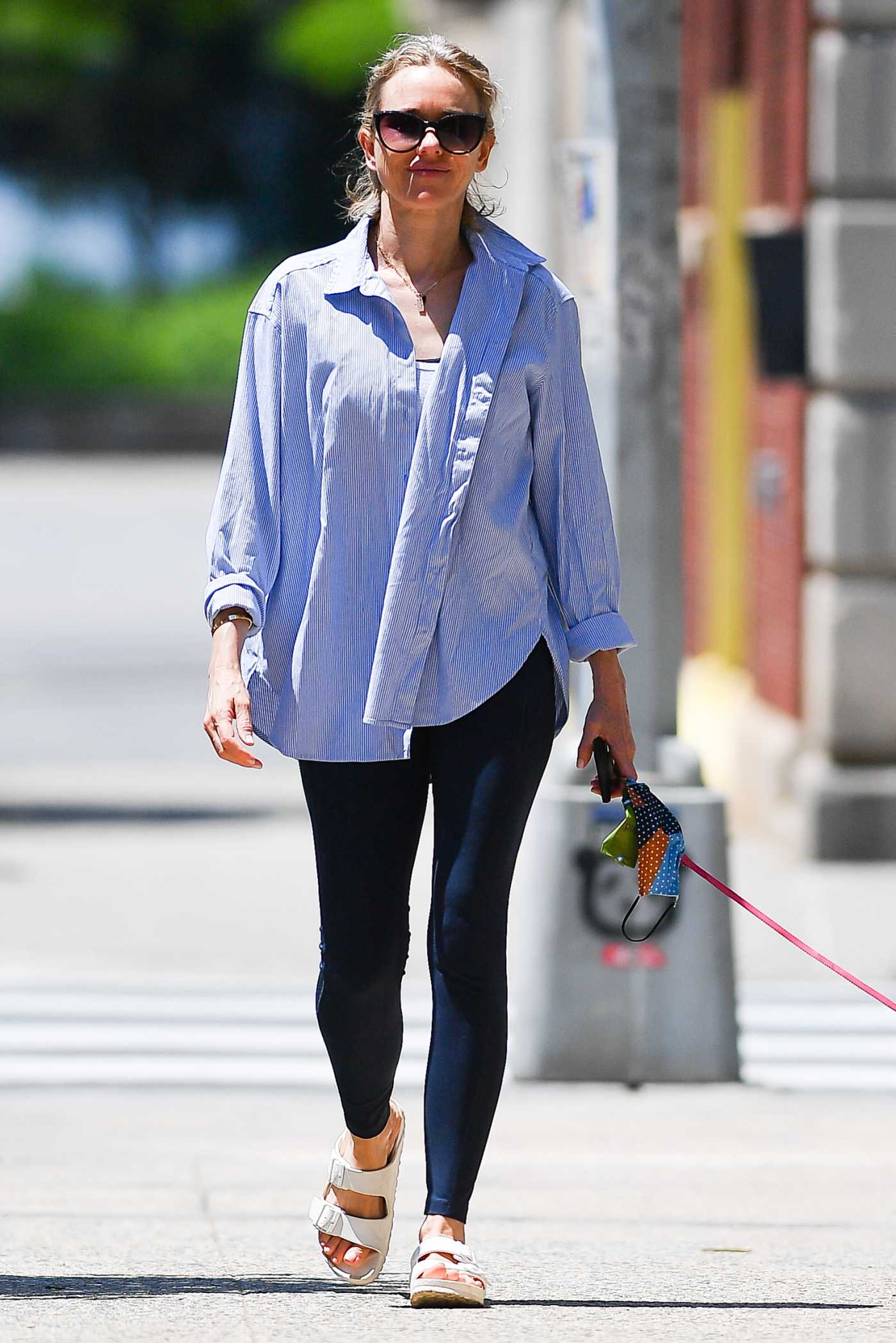 Naomi Watts in a Blue Shirt Walks Her Dog Izzy in New York 06/06/2021