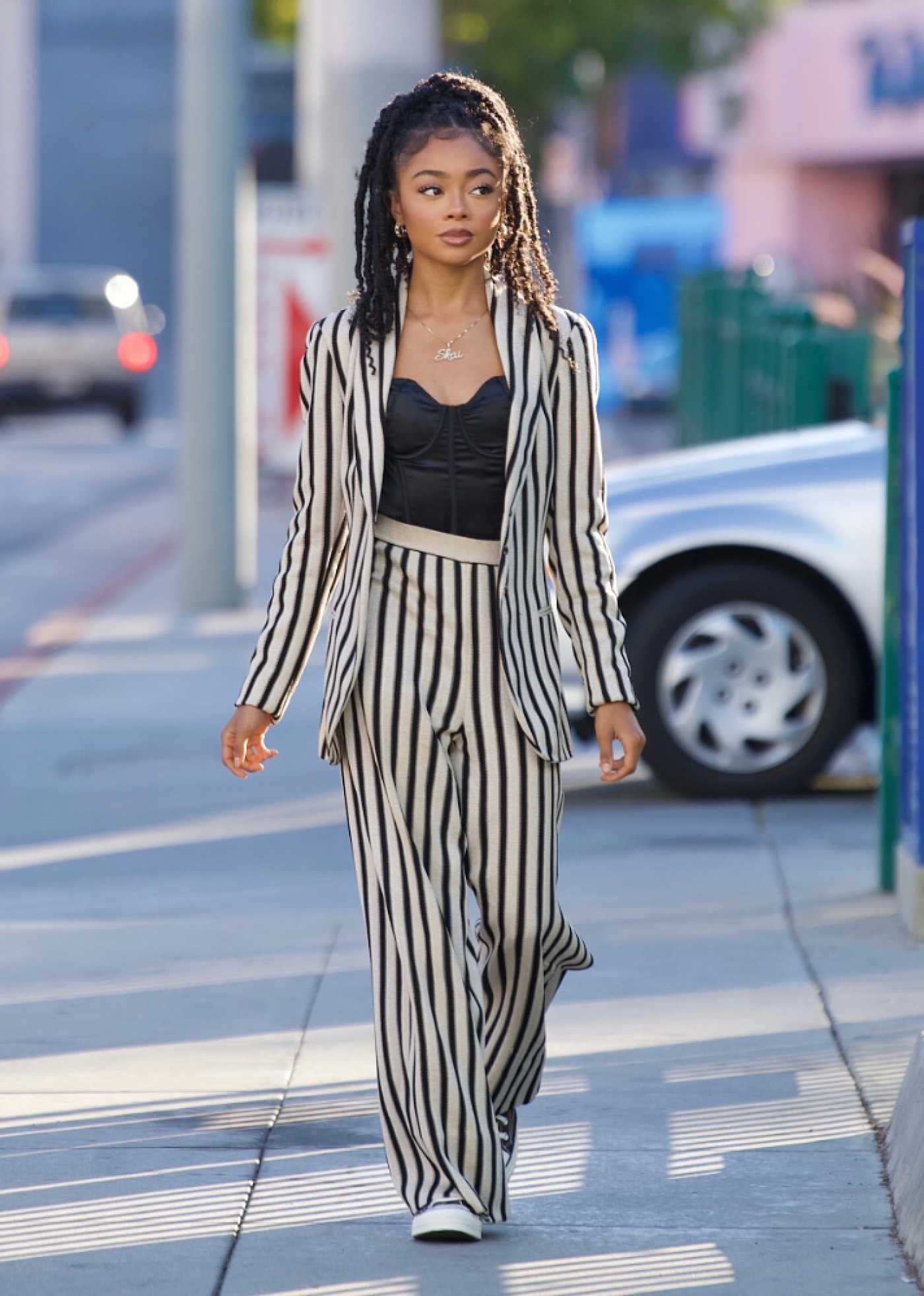 Skai Jackson in a Striped Pantsuit Was Seen Out in West Hollywood 06/14/2021