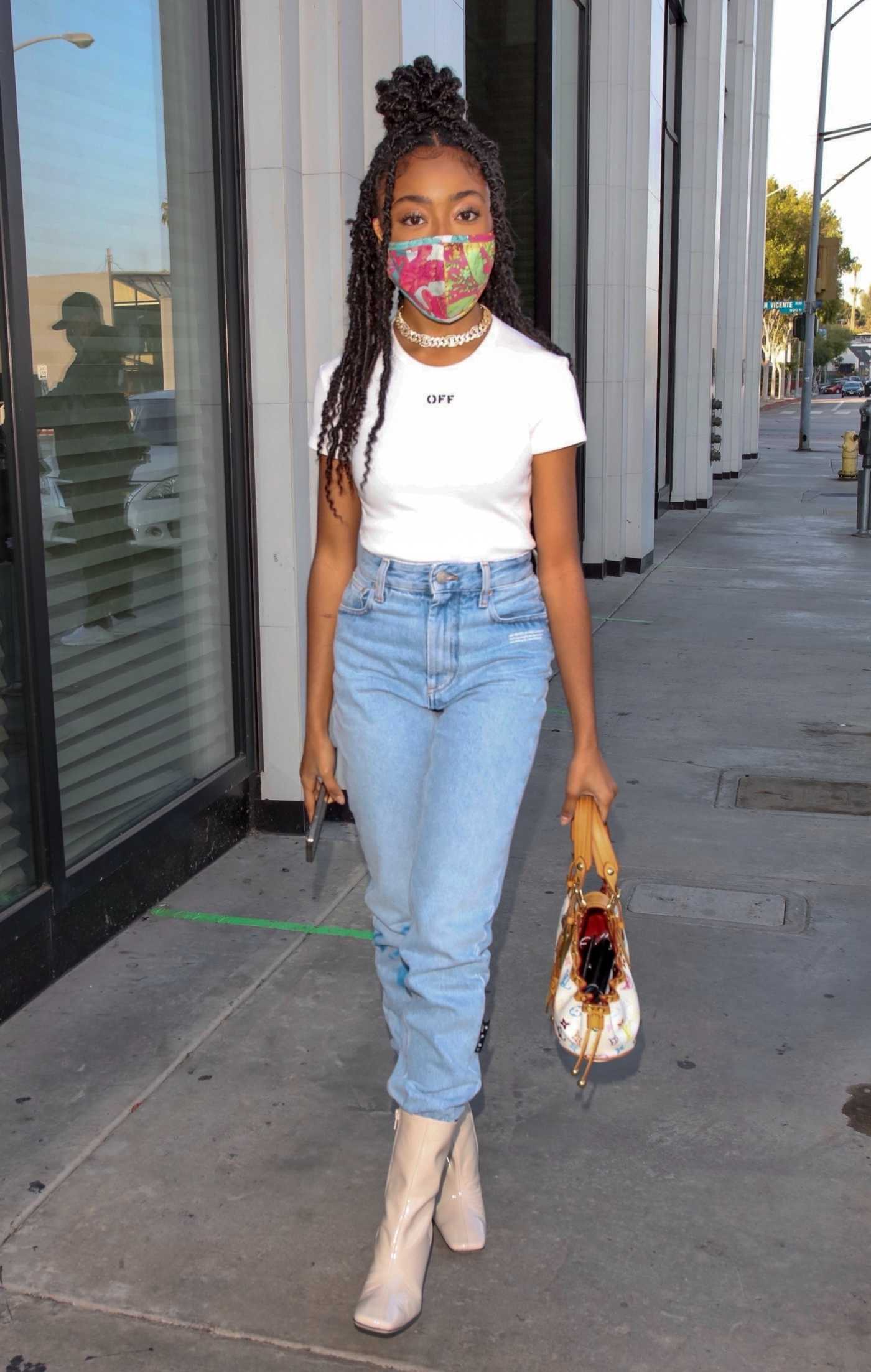 Skai Jackson in a White Tee Arrives at Catch in West Hollywood 06/03/2021