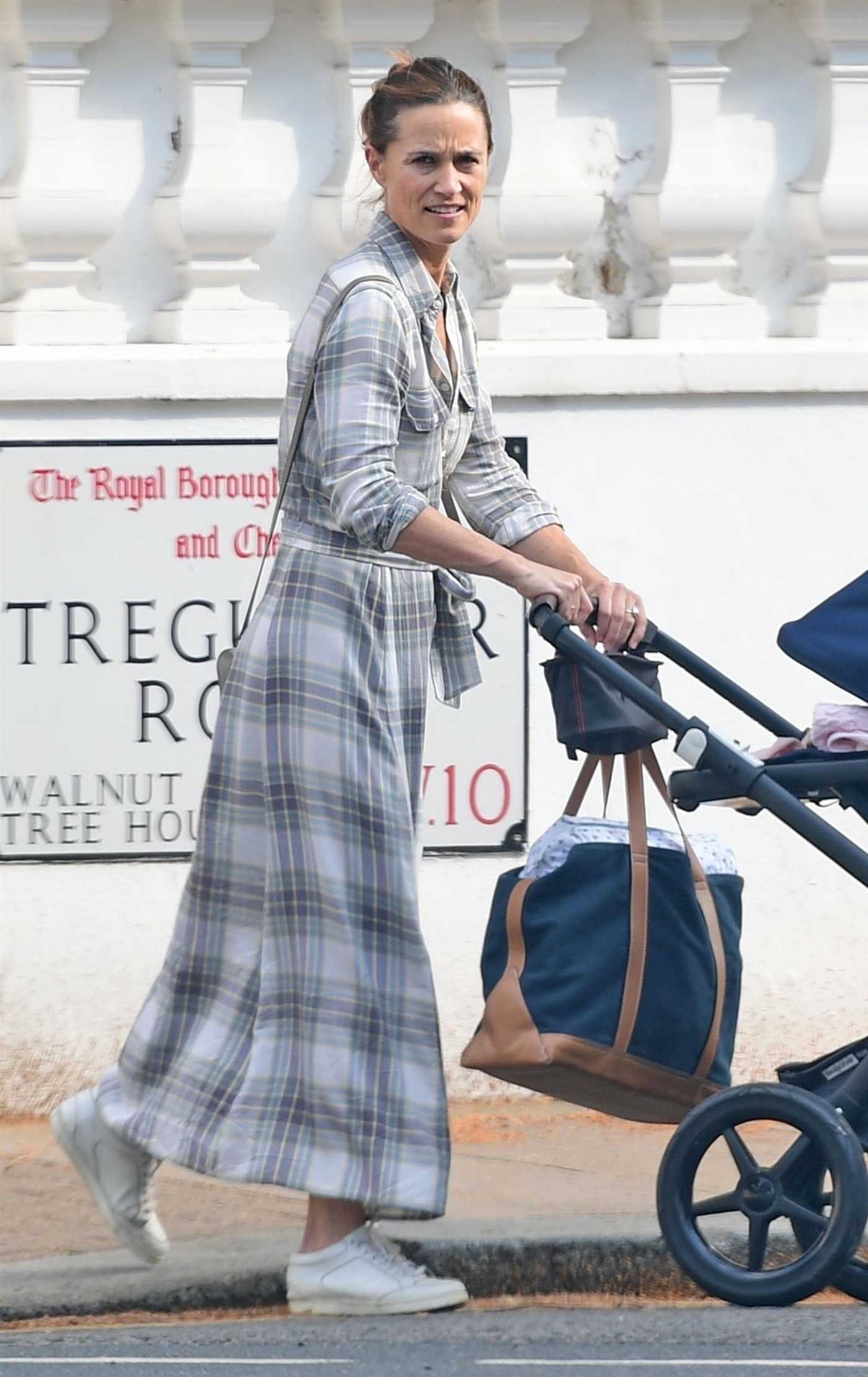 Pippa Middleton in a Plaid Dress Pushes a Pram Along the Streets of Chelsea 07/27/2021