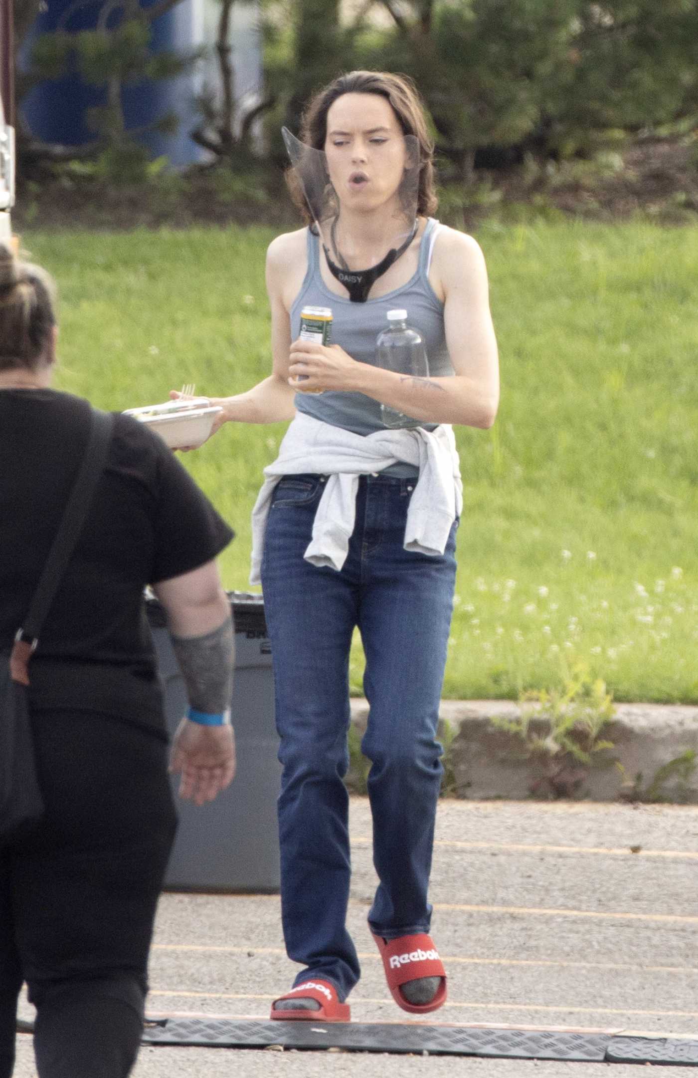 Daisy Ridley in a Grey Tank Top on the Set of The Marsh King's Daughter in Toronto 07/30/2021