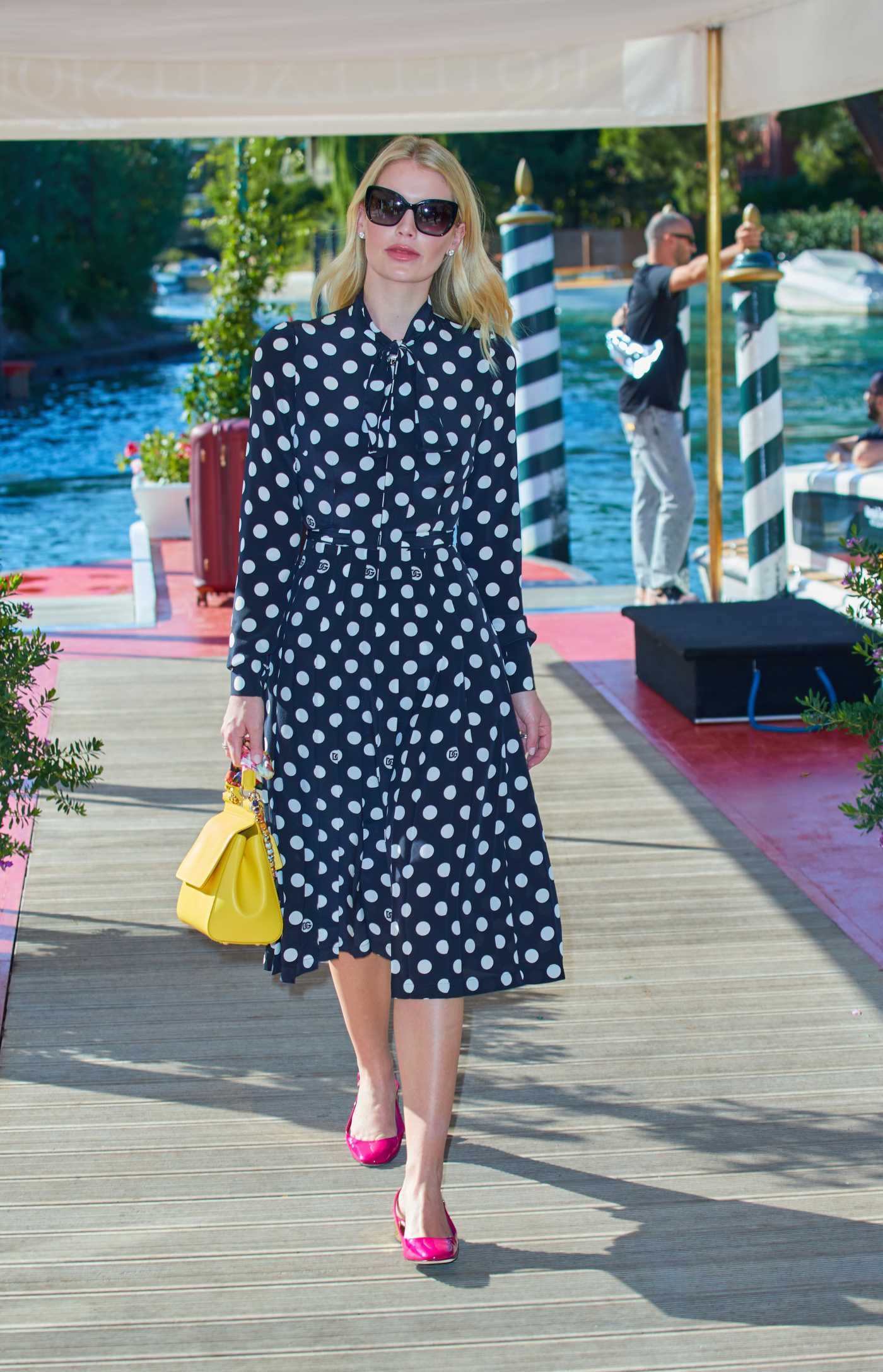 Kitty Spencer in a Blue Polka Dot Dress Arrives at Lido, Hotel Excelsior in Venice 08/27/2021