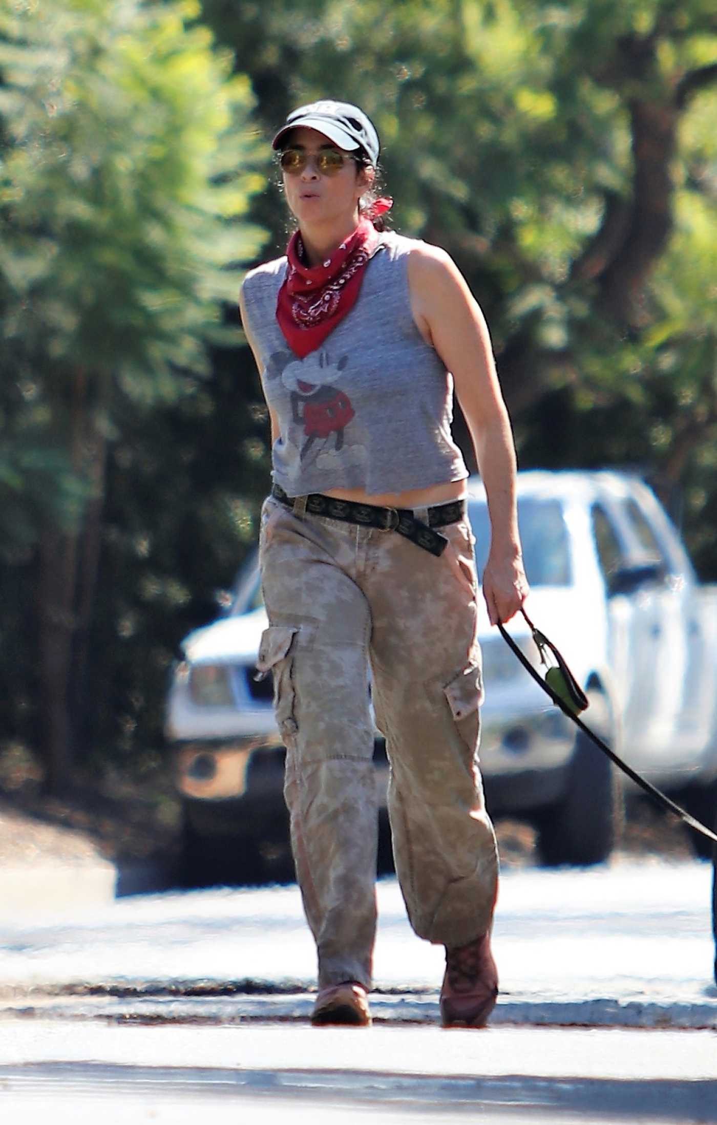 Sarah Silverman in a Black Sweatpants Goes for a Walk with Her Dog at