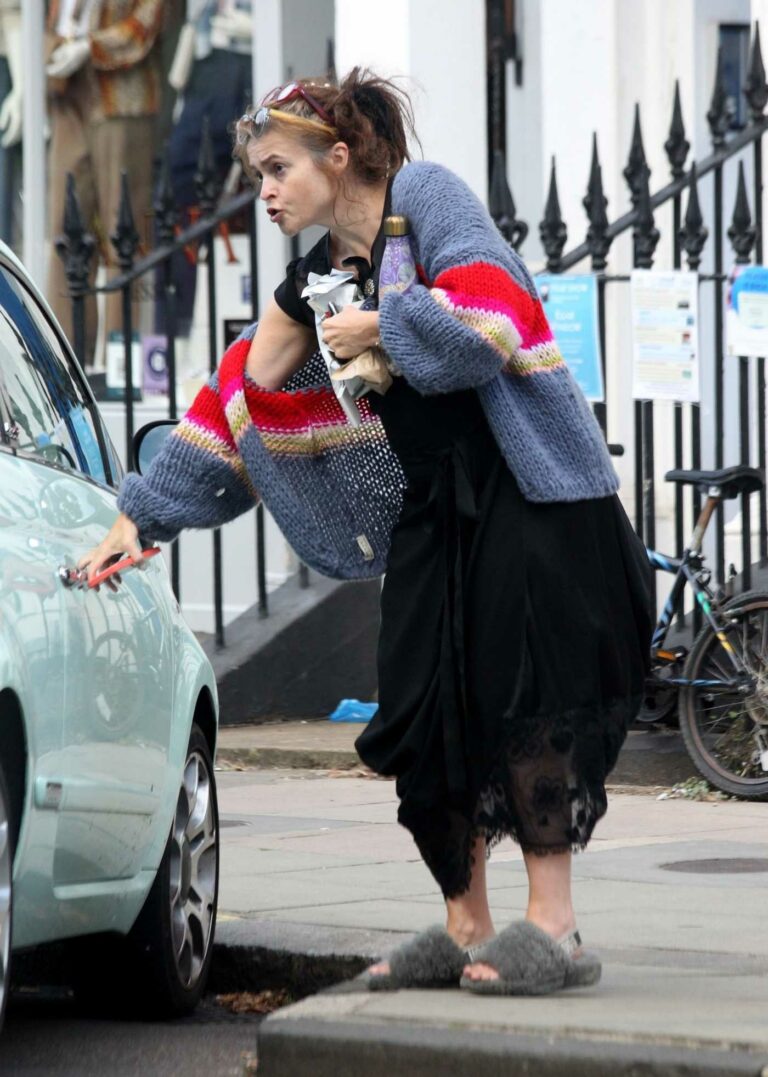 Helena Bonham Carter in a Grey Fluffy Slippers