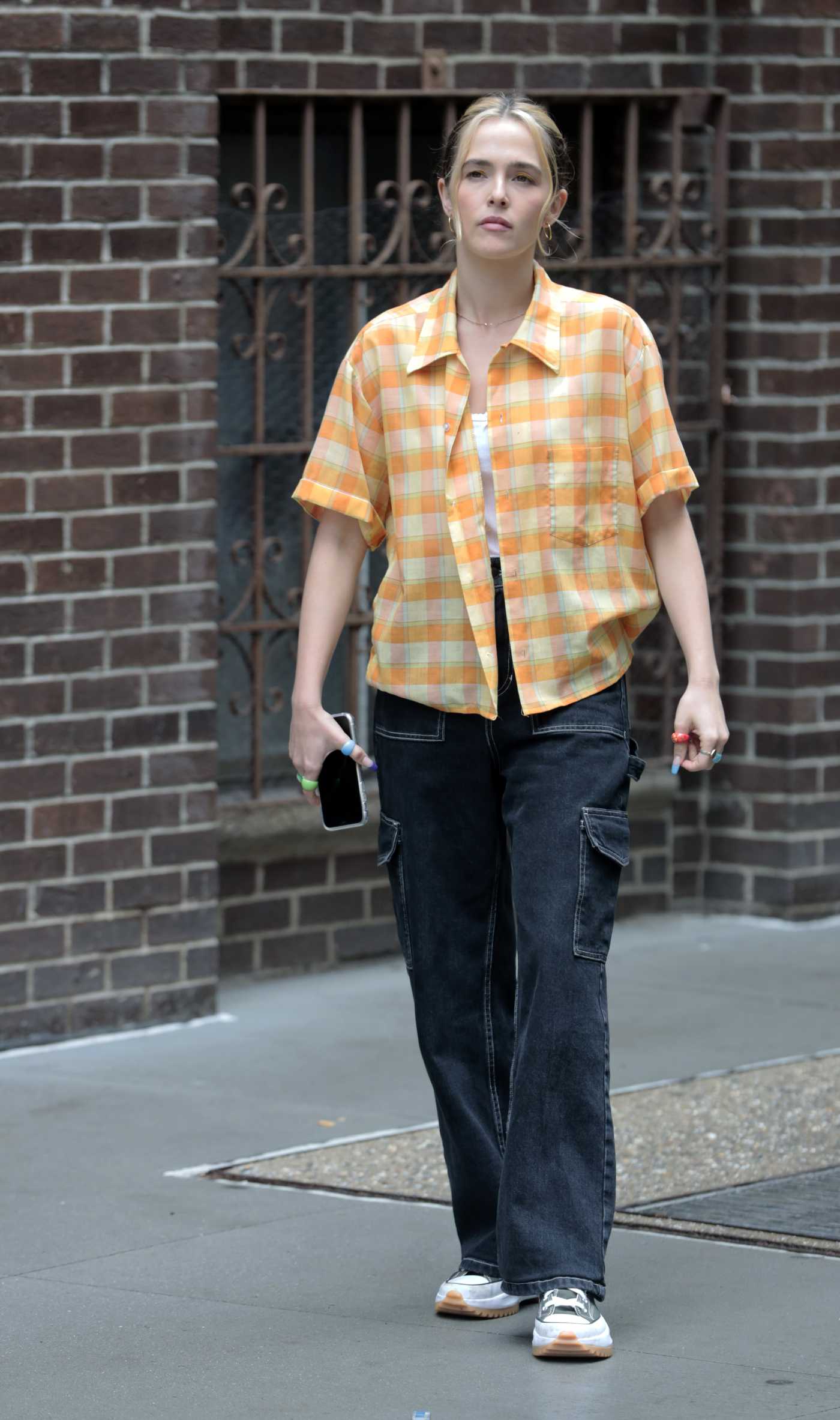 Zoey Deutch in a Yellow Plaid Shirt on the Set of the Not Okay in New York 09/14/2021